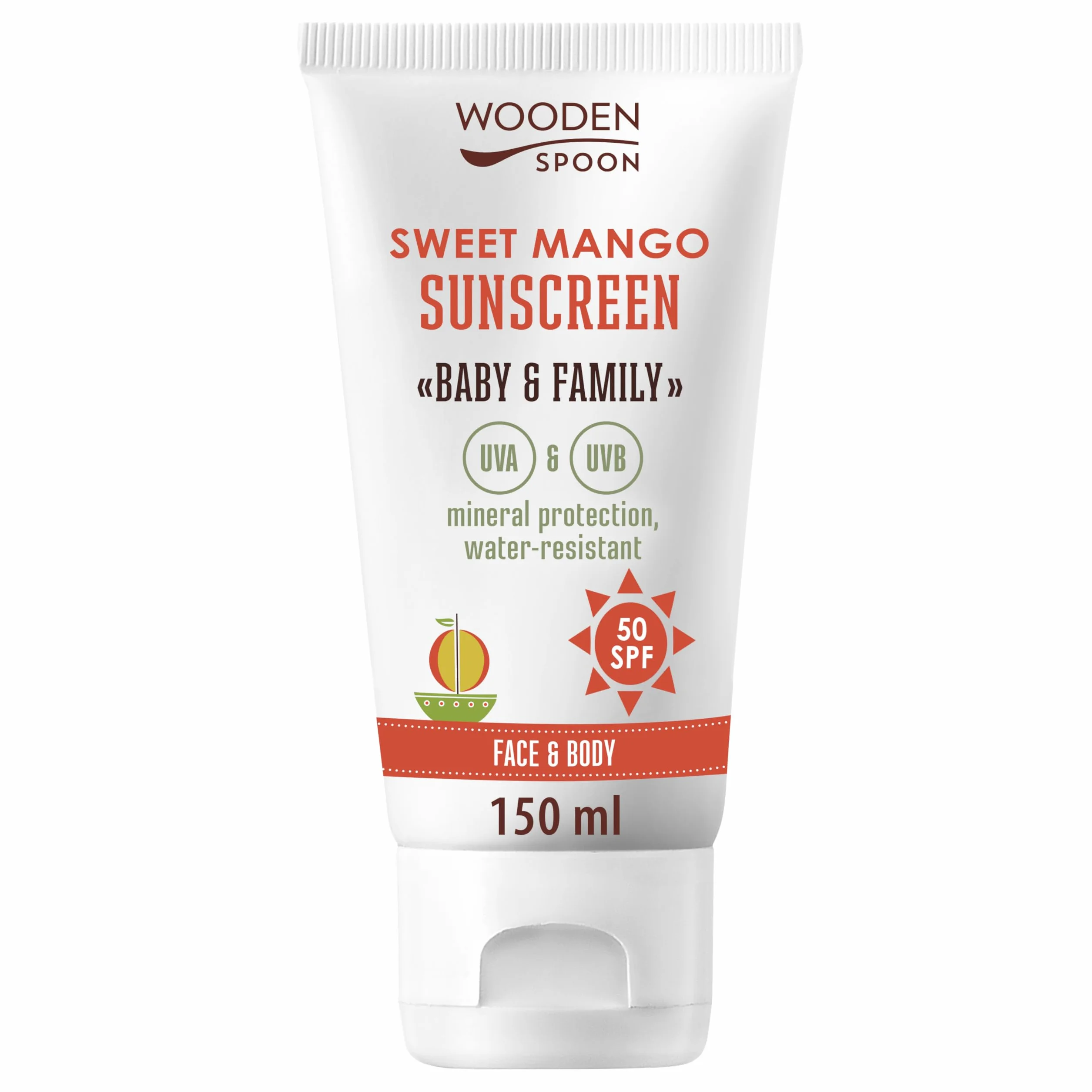WOODEN SPOON Organiczny krem przeciwsłoneczny "Baby & Familie" SPF 50 UVA i UVB – słodkie mango 150 ml
