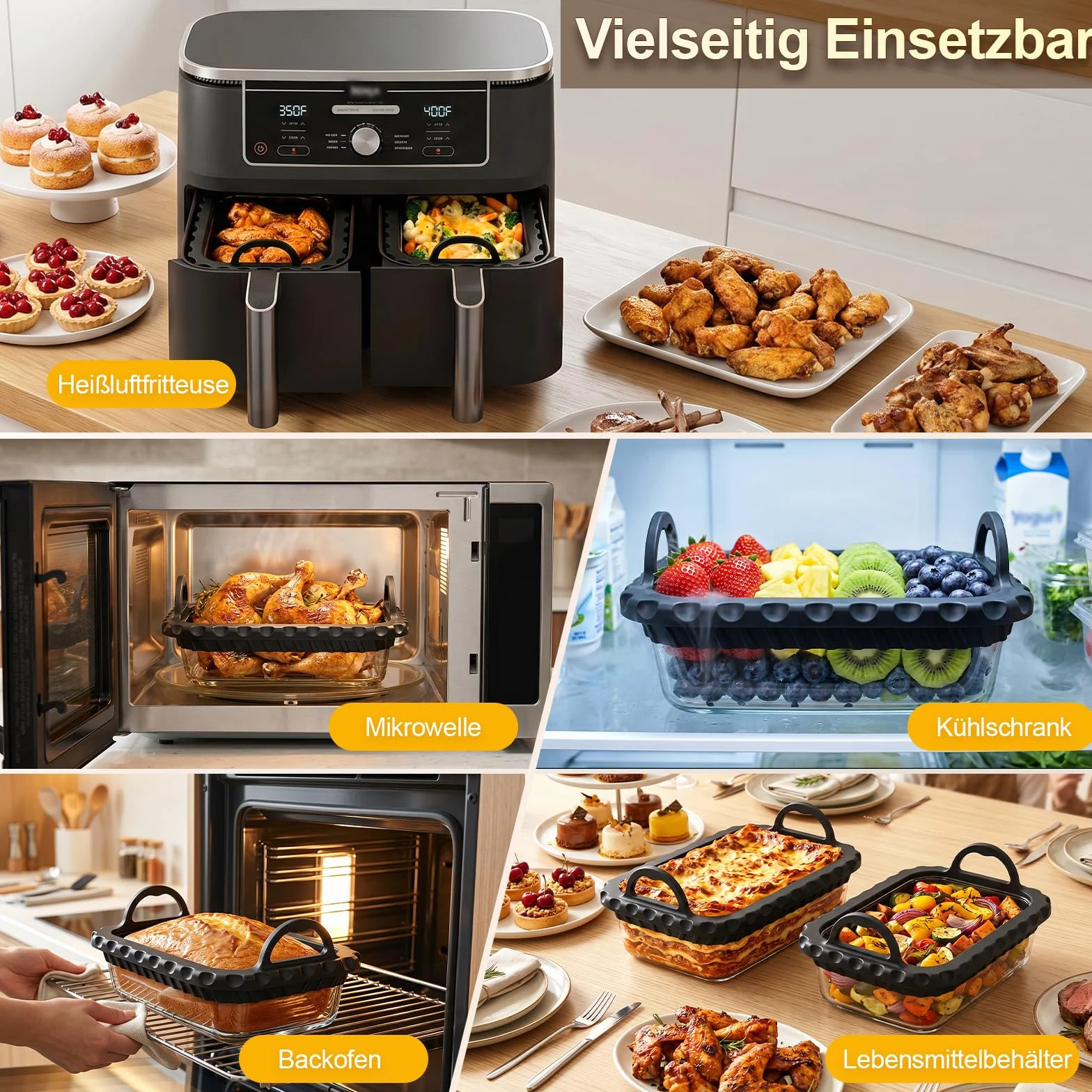 Taca ze szkła do Air Fryer, odporna na wysoką temperaturę, akcesoria do Air Fryer, szklana miska do Ninja AF500EU/AF400EU/SL400EU & COSORI 8,5L Frytkownica na gorące powietrze, nadaje się do mycia w