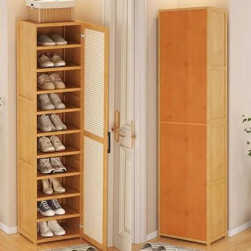 Wąski bambusowy, 11-poziomowy pionowy stojak na buty, oszczędność miejsca z oddychającymi drzwiami, do szaf wejściowych i szafek (30 x 33 x 98 cm) stylowe rozwiązanie do przechowywania