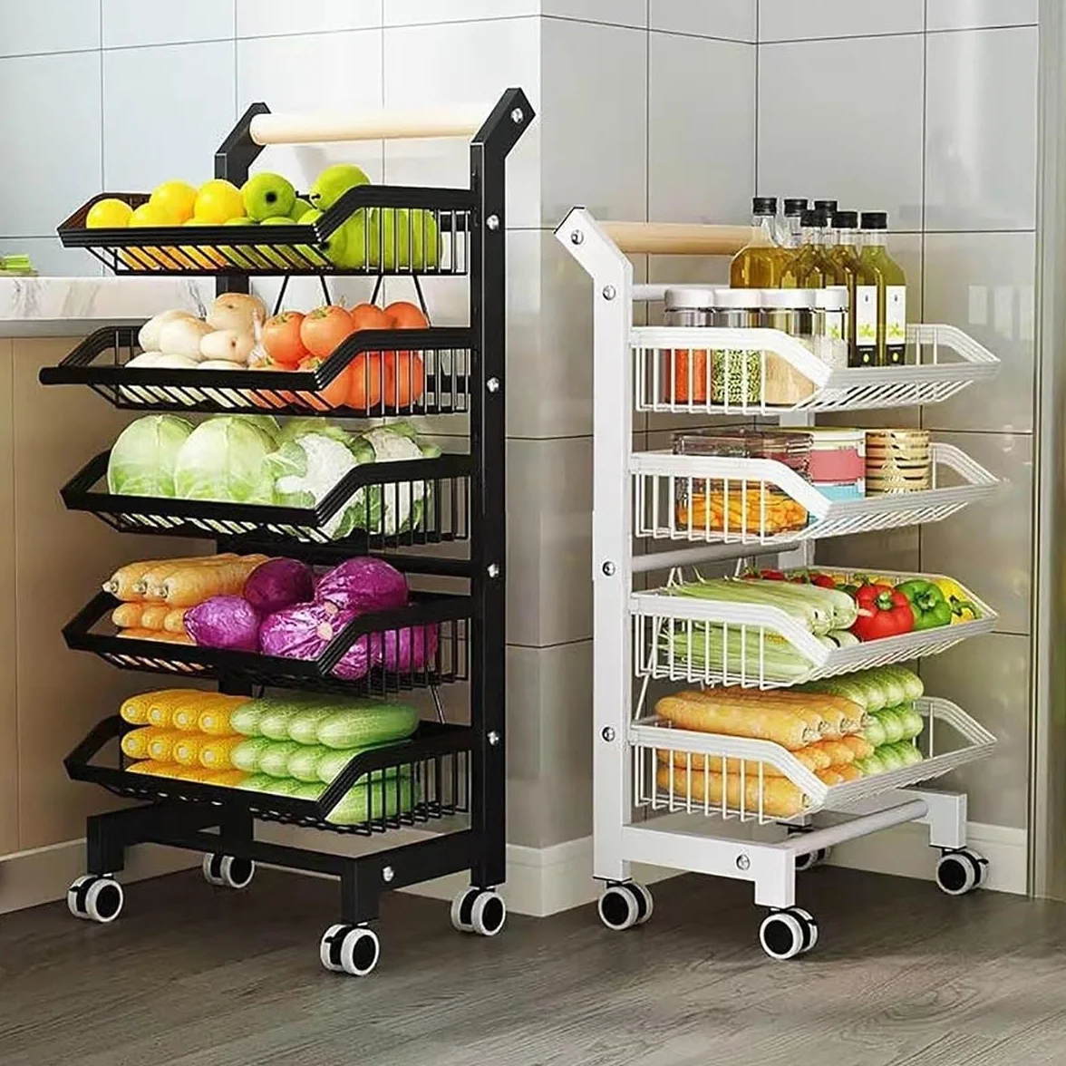 Display Rack,4-Tier Rolling Storage Cart With Wheels,Adjustable Metal Fruit & Vegetable Basket Organizer With Wood Handle,Mesh Wire Utility Rack For Kitchen,Food Sto(Black,5 Tier)