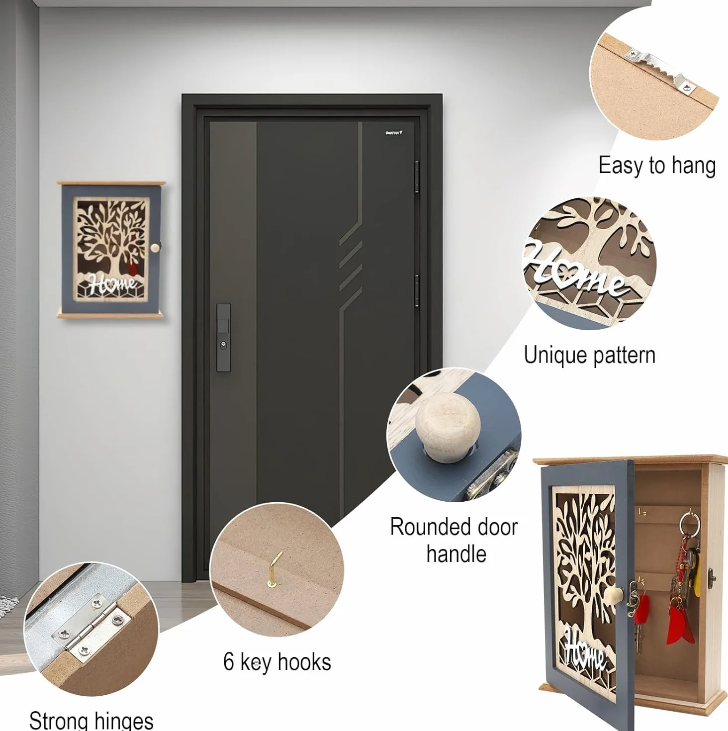 VOSSOT Drewniana skrzynka na klucze vintage 6 haczyków duża szafka na klucze biżuterię