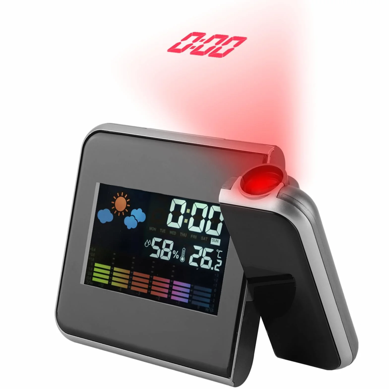 Projektor Pogody LED z Budzikiem Projekcja na Budziku Sufitowym Ładowarka USB Cyfrowy Budzik z projekcją Praktyczny Wewnątrz na Zewnątrz do Domu do Sypialni (czarny) (BLACK)