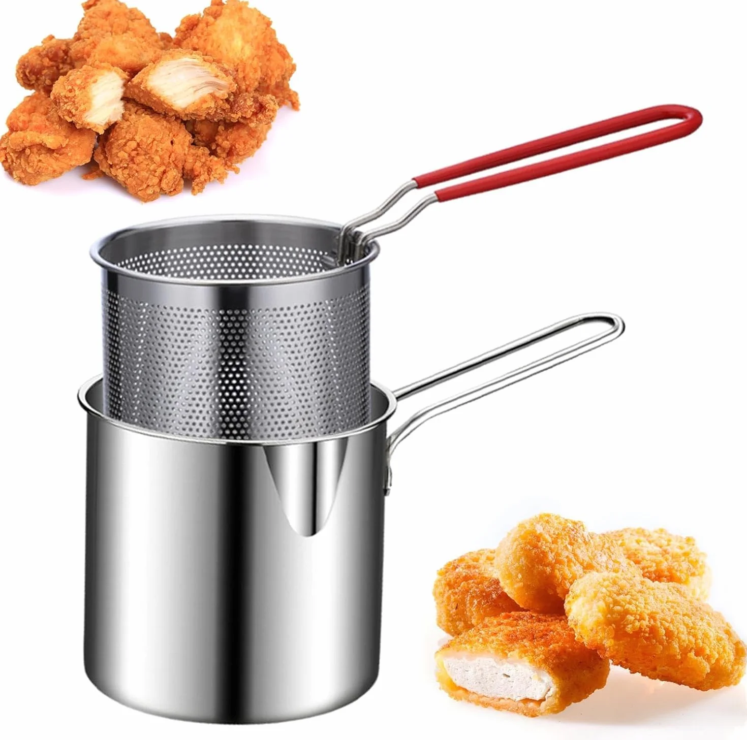 Frytkownica ze stali nierdzewnej z koszem na sitko, japońska frytkownica Tempura do smażenia ryb, krewetek, kurczaka i frytek (zestaw 4 sztuk: patelnia + sitko)