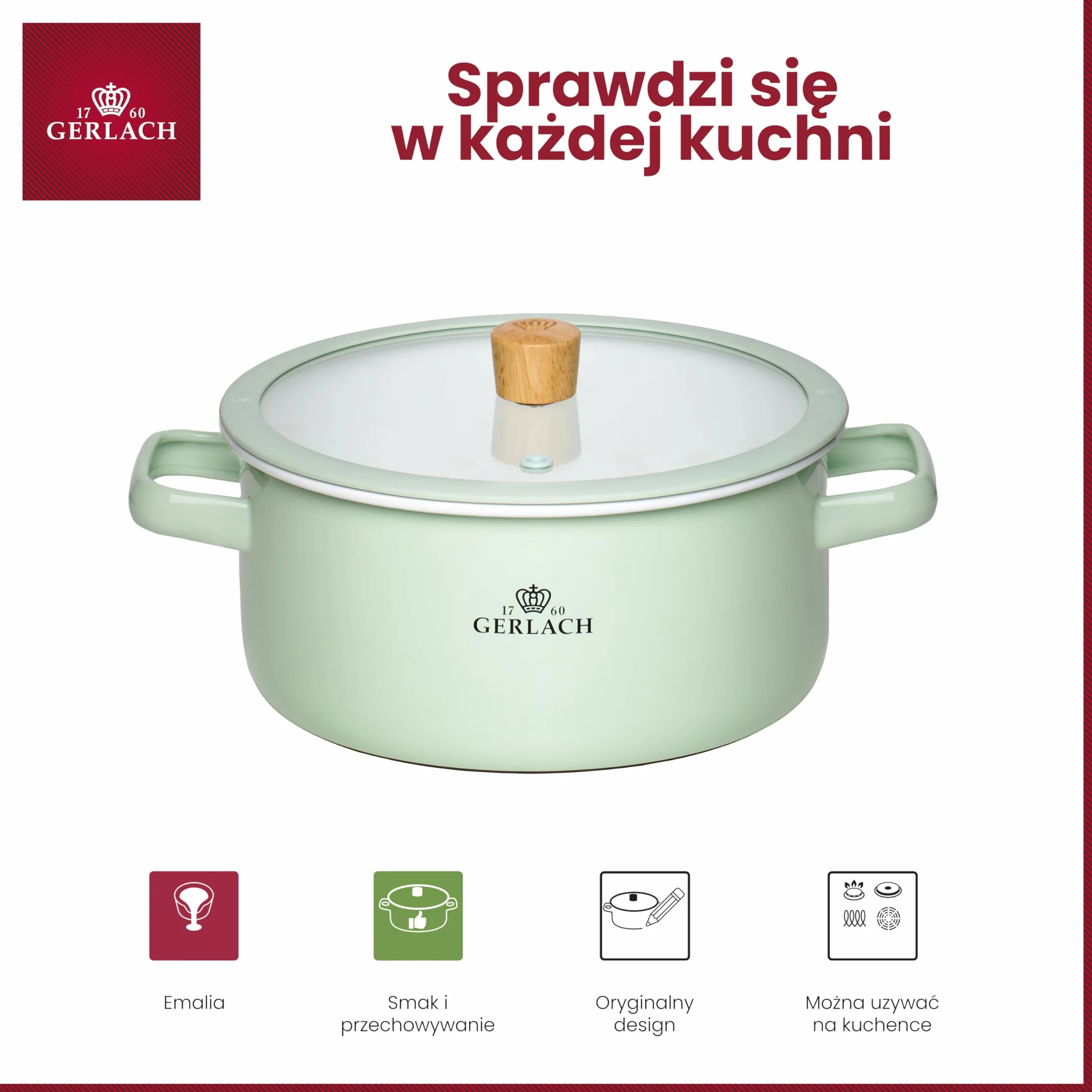Gerlach 1760 Garnek Emaliowany - 20 cm 3 L - Pokrywka ze Szkła Hartowanego - Wszystkie Kuchenki - Zielony Pastel Natur Enamel