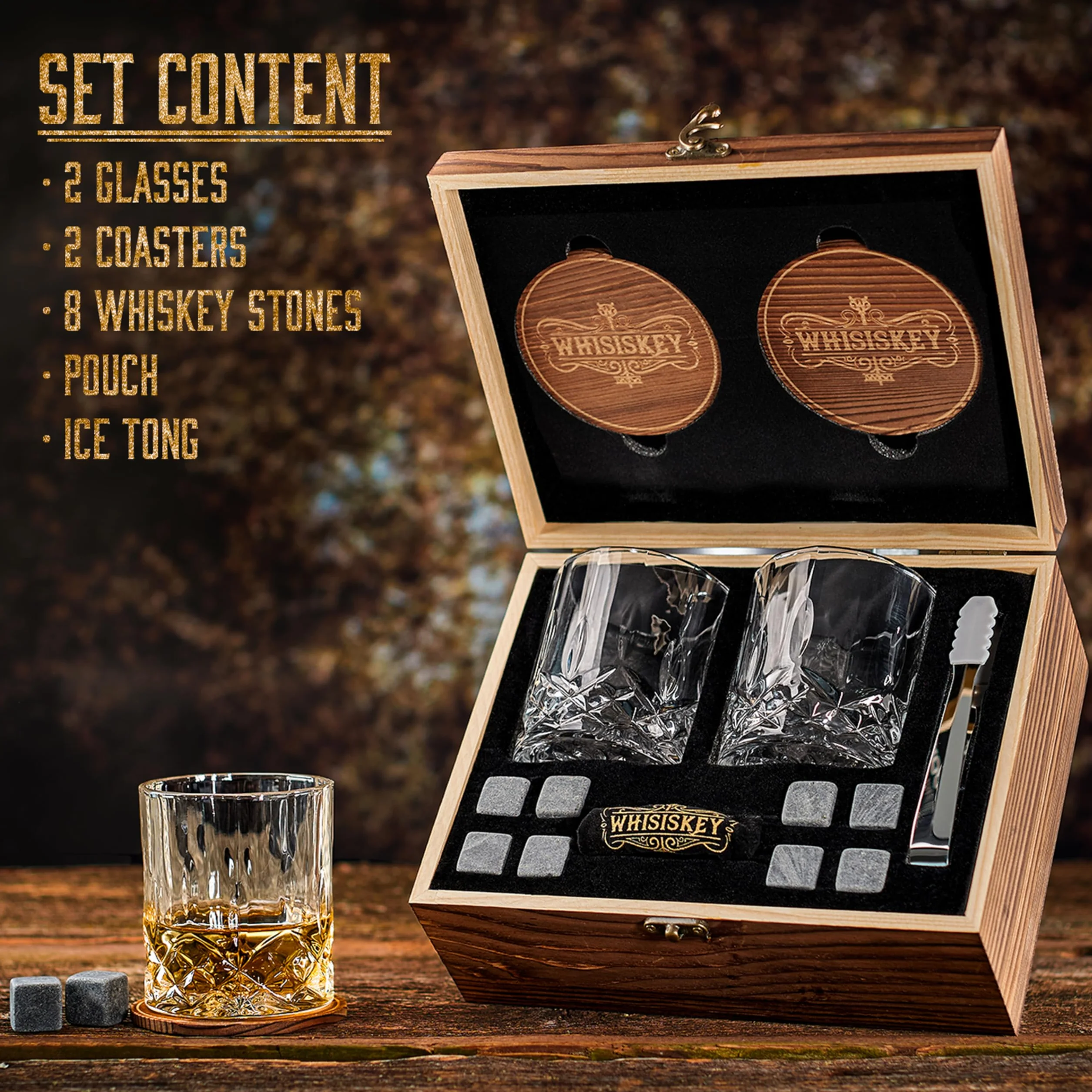 WHISISKEY Zestaw Szklanki do Whisky - Zestaw Prezentowy Whisky - Szklanek do Whiskey - Prezenty dla Mężczyzn - Pudełko Prezentowe, 2 Szklanki na Whisky 310ML, 8 Kamienie do Whisky, Akcesoria