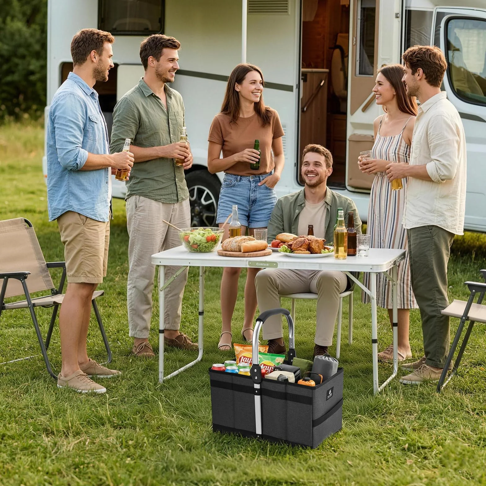 ALLCAMP składany kosz na zakupy 27 l, wzmocnione dno i aluminiowy uchwyt, stabilny i oszczędzający miejsce, do bagażnika i zakupów, czarny (43,5 x 25 x 24,5 cm)
