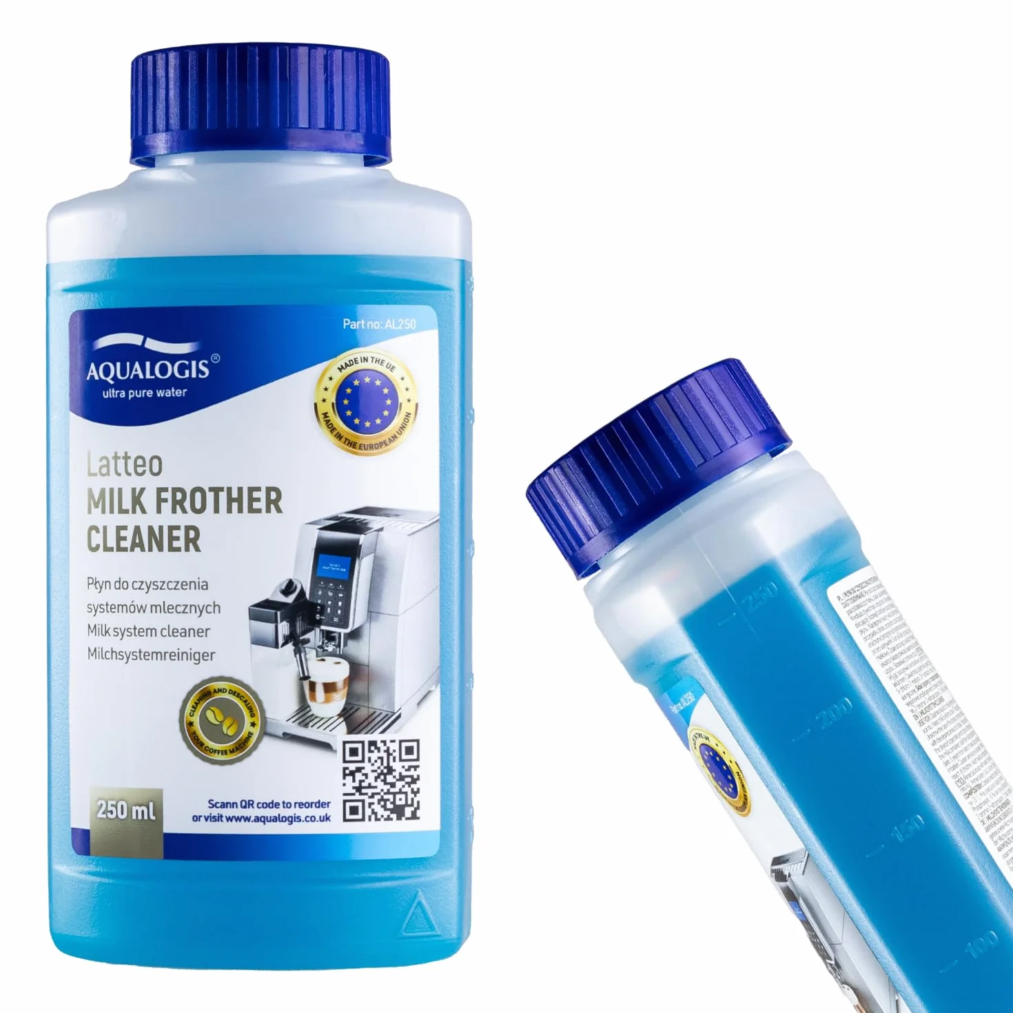 Aqualogis Płynny płyn do czyszczenia pozostałości mleka do ekspresów do kawy, systemów i urządzeń - 250 ml - gospodarstwo domowe, domowe i komercyjne 0,25 l