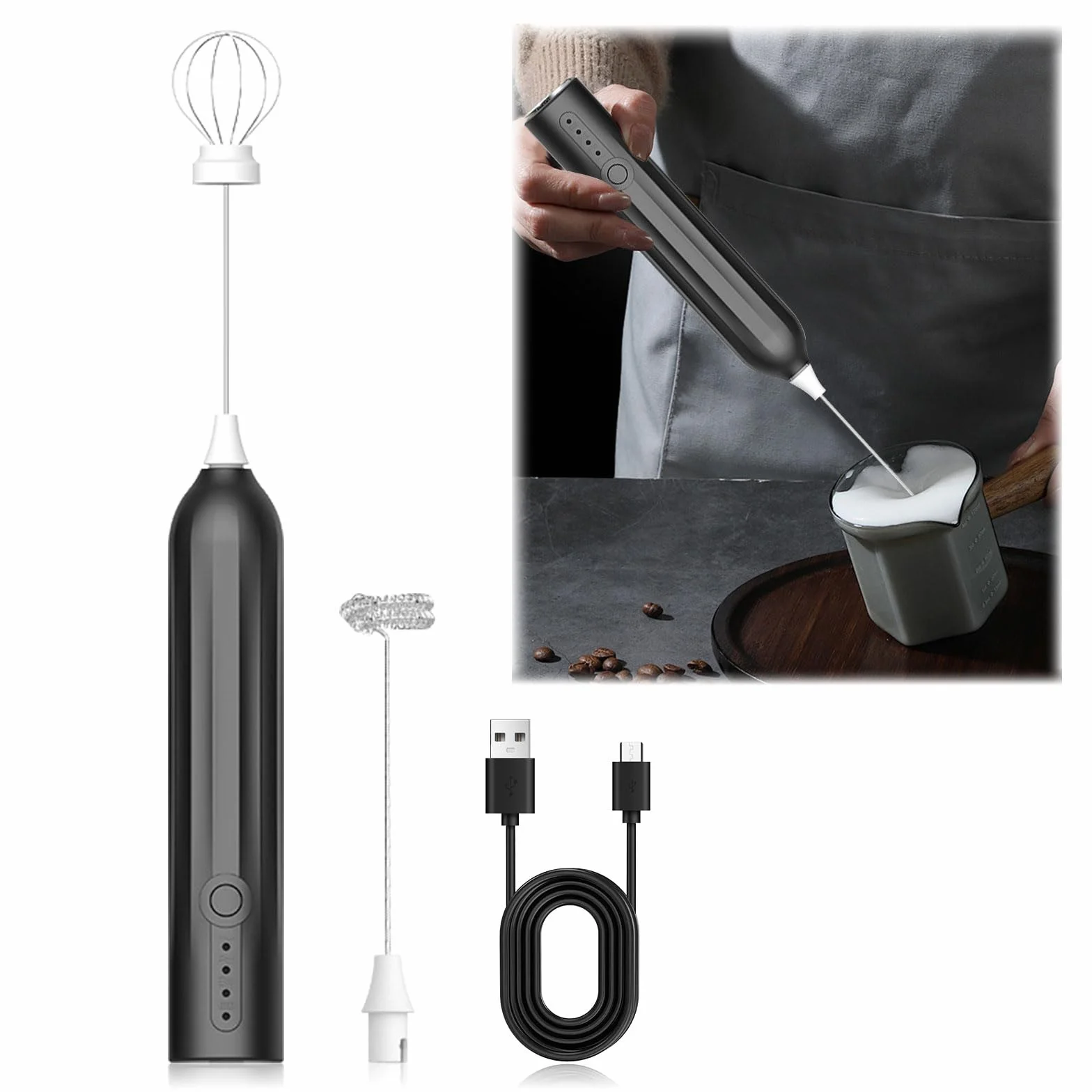 Elektryczny spieniacz do mleka z podwójnym ubijakiem, USB ​ ręczny spieniacz do mleka, 3 prędkości, do miksera ręcznego, mleka, spienionego mleka, miksera do jajek, kawy, cappuccino, latte