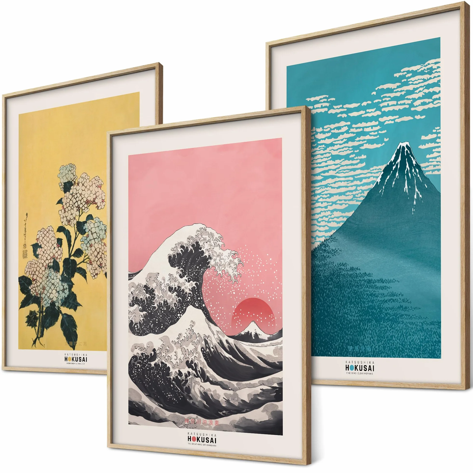 Hokusai zestaw japońskich plakatów, dekoracja ścienna, japońska sztuka, obrazy do sypialni, salonu, dekoracja salonu, obrazy eklektyczne (3 x A3, bez ramki)