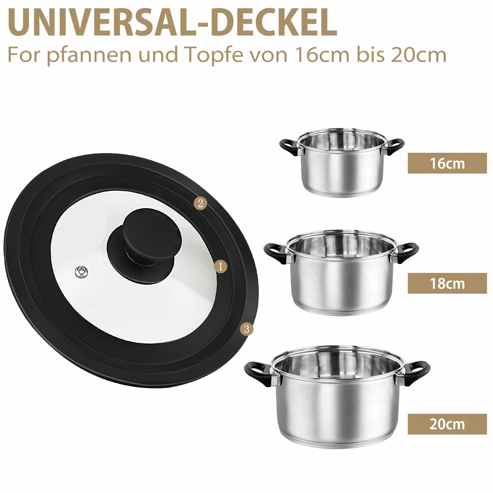 Uniwersalna pokrywka do patelni, czarna, pokrywka do patelni Ø 16 cm/18 cm/20 cm, pokrywka silikonowa czarna