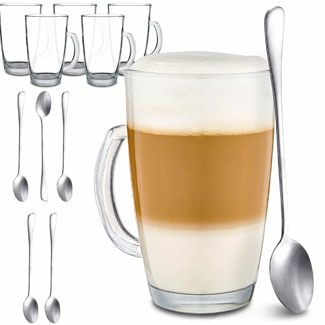 Cosumy 6 Szklanek Latte Macchiato z Uchwytem i Łyżeczką - 300ml - Długo Utrzymuje Ciepło - Idealny Rozmiar Automatycznych Ekspresów Kawy - Można Myć w Zmywarce