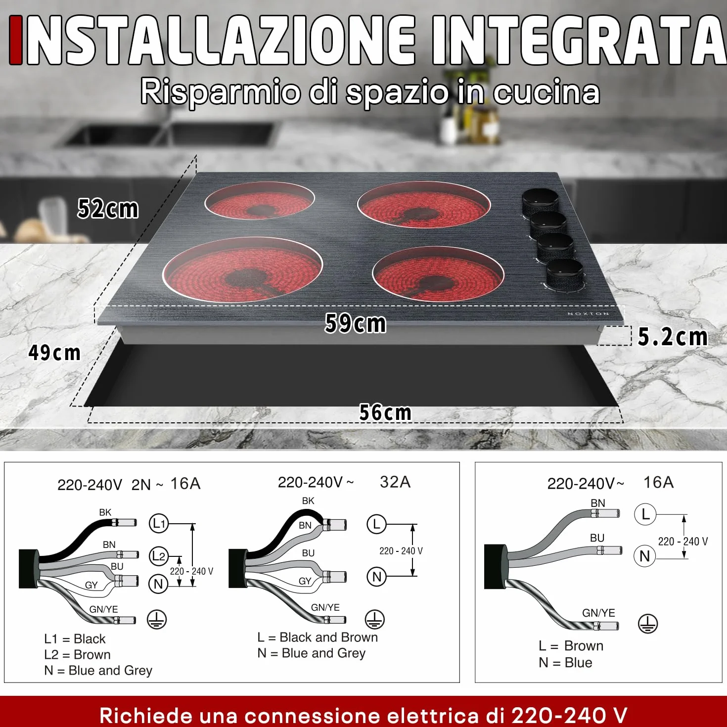 NOXTON płyta szklano-ceramiczna 4 płyty ze sterowaniem pokrętłem, płyta elektryczna do zabudowy 60 cm, płyta ceramiczna 4 strefy z 9 poziomami mocy, 6000 W, 220 V-240 V, bez wtyczki