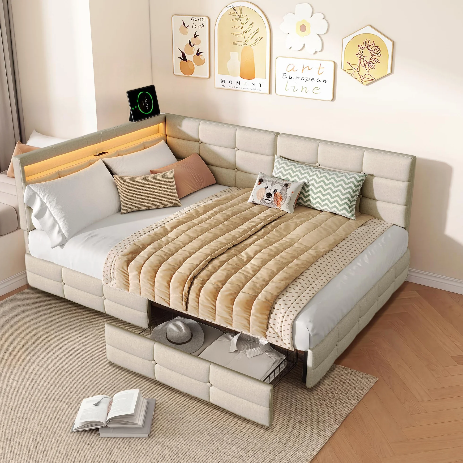 Łóżko tapicerowane Schlafsofa 140x200 cm, łóżko dzienne z 2 szufladami i stelażem z listew, sofa-łóżko, łóżko dwuosobowe z diodami LED i USB, łóżko dzienne, łóżko młodzieżowe, stelaż łóżka, len
