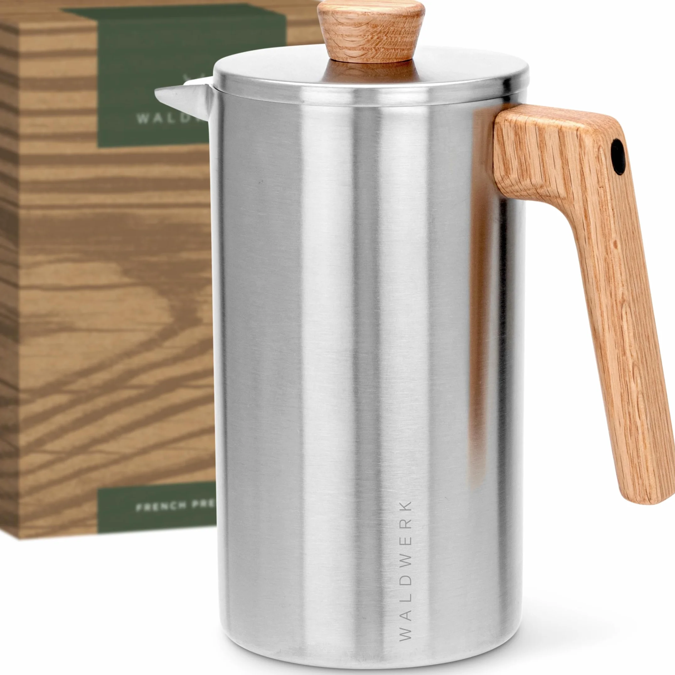 WALDWERK French Press (1L) - Kaffeebereiter aus ??doppelwandigem Edelstahl mit Holzgriff aus Eichenholz - plastikfreier Kaffeezubereiter
