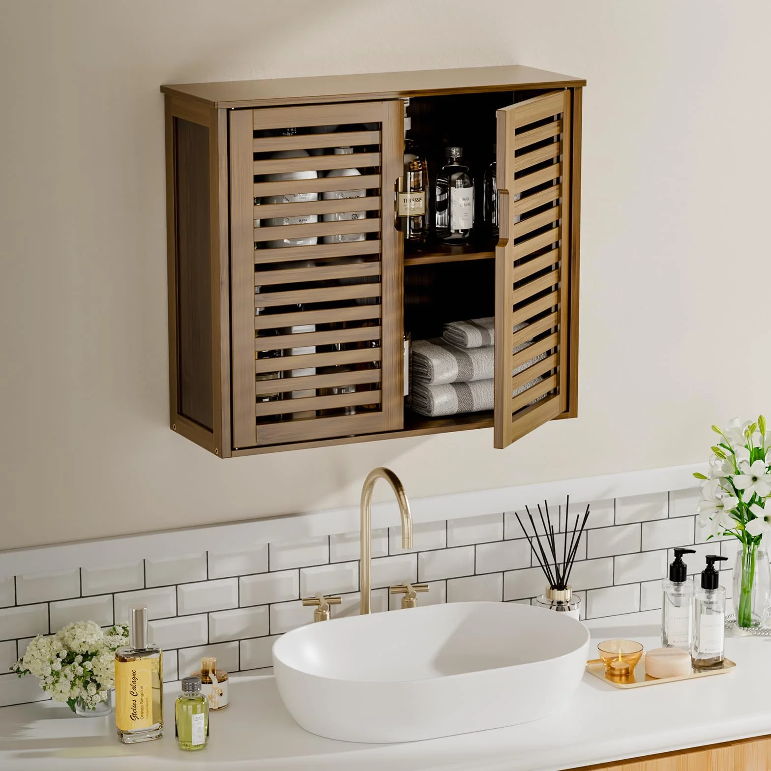 HITNET Bathroom Cabinet, Bamboo Hanging Medicine Cabinet, Space Saving Storage Organizer Over the Toilet with 2 Doors and Adjustable Shelf, Walnut