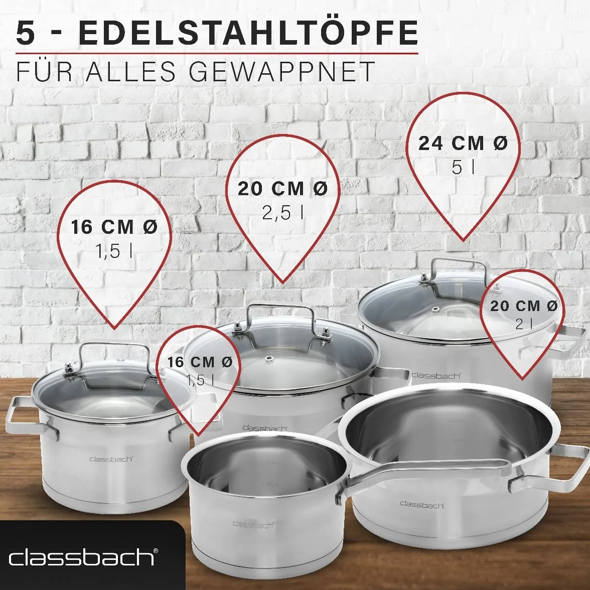 C-KTS 4017 8-częściowy zestaw garnków ze stali nierdzewnej do wszystkich rodzajów kuchenek (indukcyjnych, gazowych, ceramicznych, elektrycznych), nadaje się do mycia w zmywarce