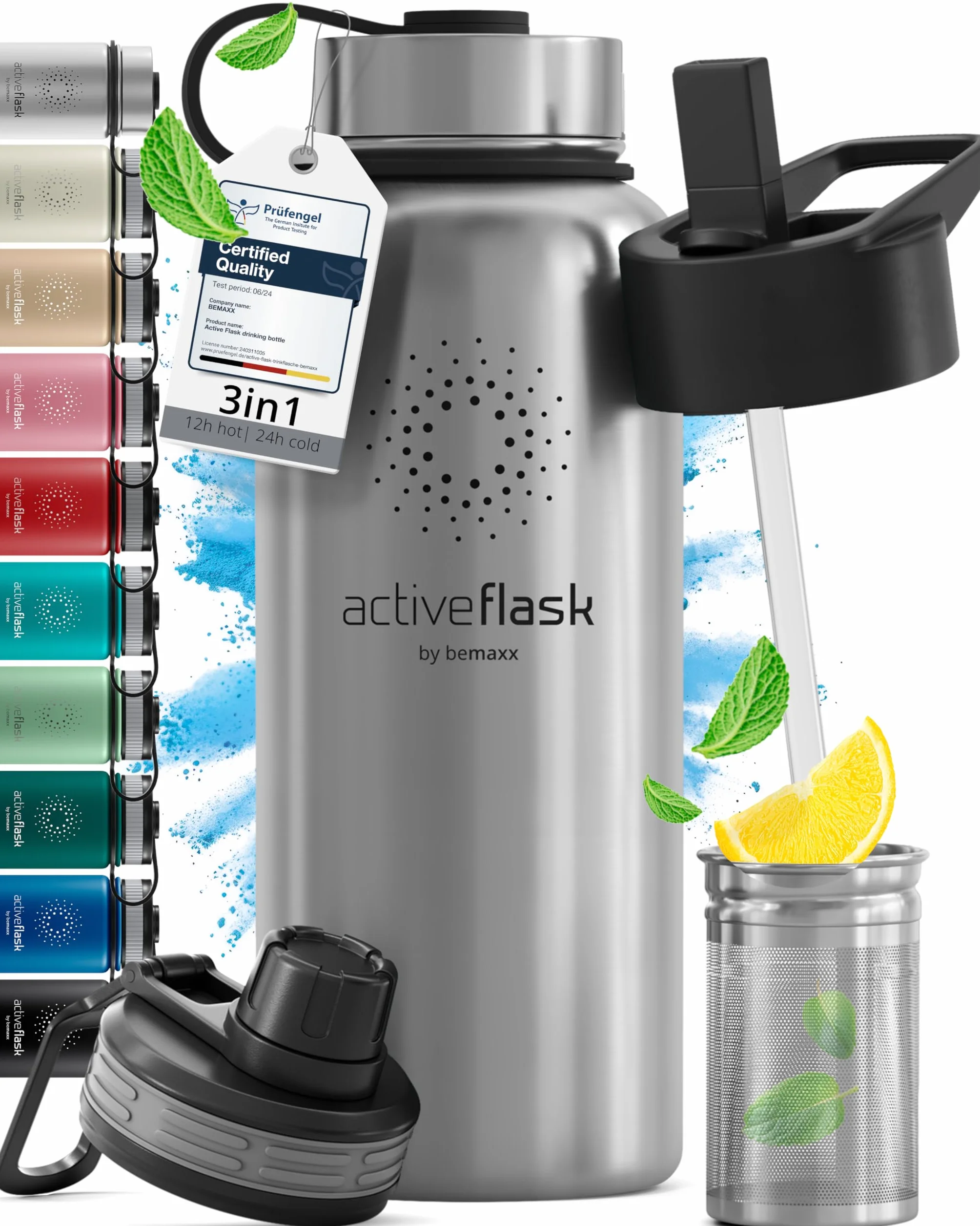 Butelka do picia ze stali nierdzewnej ACTIVE FLASK + słomka (3 pokrywki) wolna od BPA, szczelna, odpowiednia na dwutlenek węgla - butelka na wodę termos rowerowy izolowana izolowana butelka sportowa