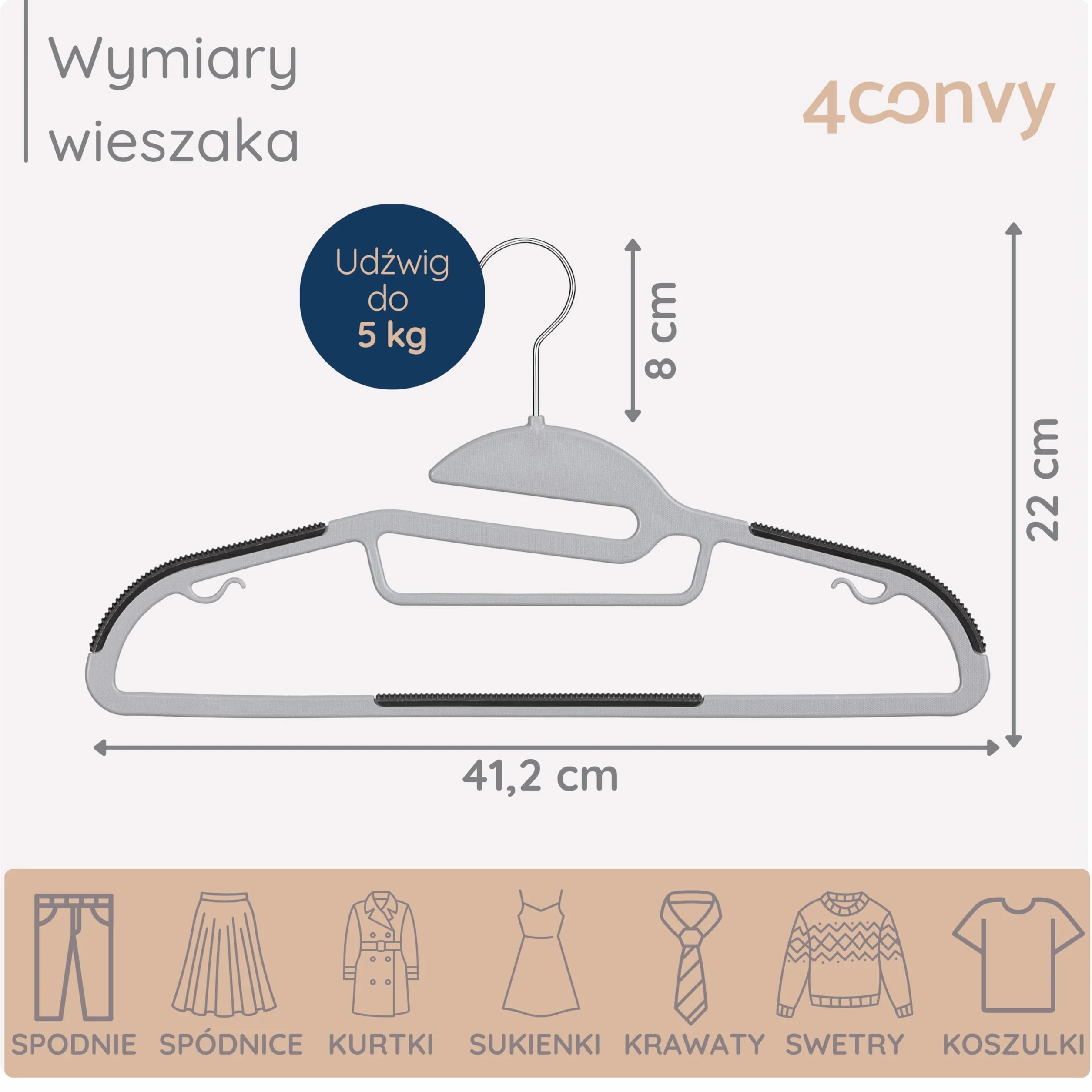 4CONVY Wieszak na ubrania, kurtki, spodnie – wieszak na garnitury z tworzywa sztucznego do szafy z antypoślizgowymi nakładkami – nie zajmuje dużo miejsca, 20 sztuk, kolor szary