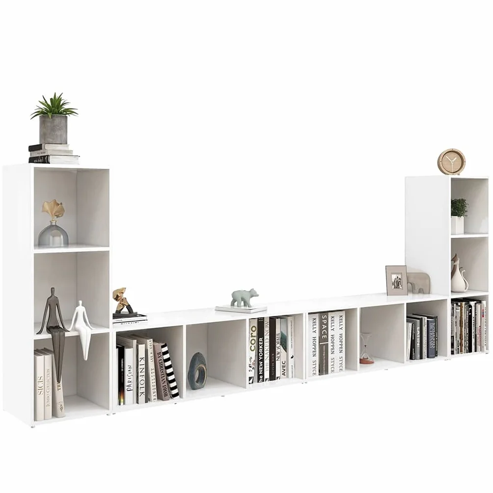 Szafka pod telewizor, zestaw 4 sztuk, biała, 107 x 35 x 37 cm, materiał drewnopochodny, centrum rozrywki do salonu, uniwersalna konsola TV, nowoczesne wzornictwo