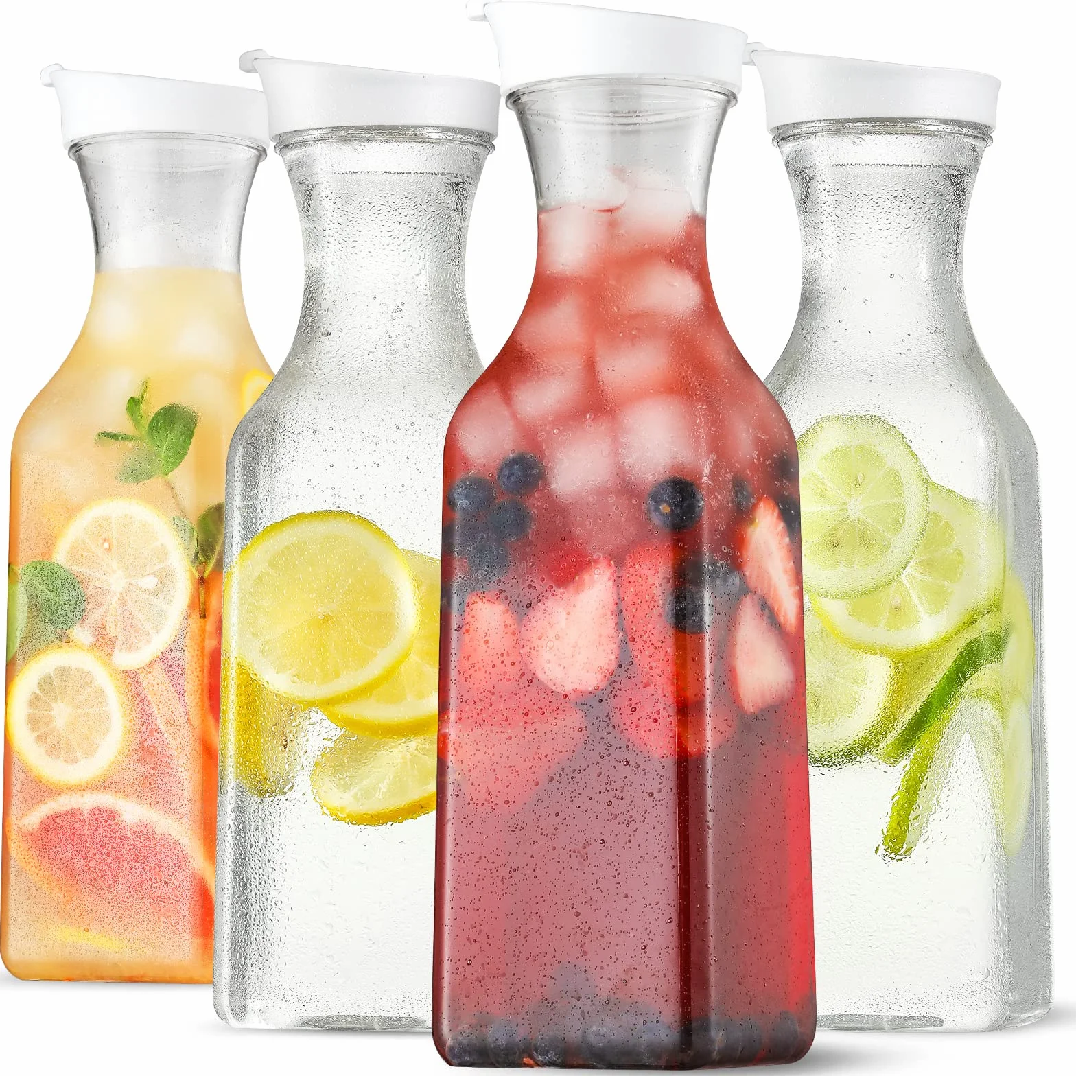4-pak dużych karafek na wodę 1400 ml z pokrywą z klapką, kwadratowe pojemniki na sok, przezroczysty plastikowy dzbanek - na wodę, mrożoną herbatę, sok, lemoniadę, mleko, zimne napary i batonik z