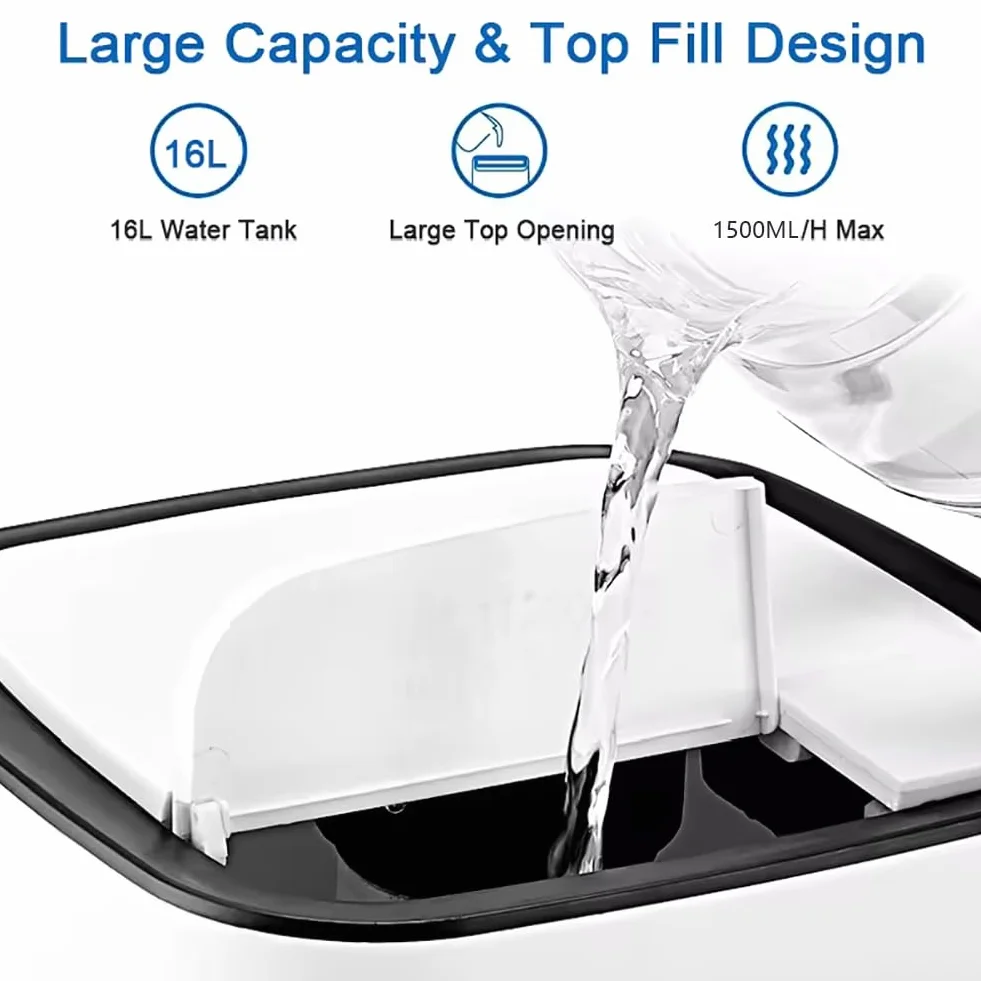16L Industrial Humidifier for Large Rooms, Whole House Mist Maker z pilotem i timerem, 3 Atomizery, czujnik samochodowy, przenośny wózek, cicha obsługa do warsztatu biurowego, biały