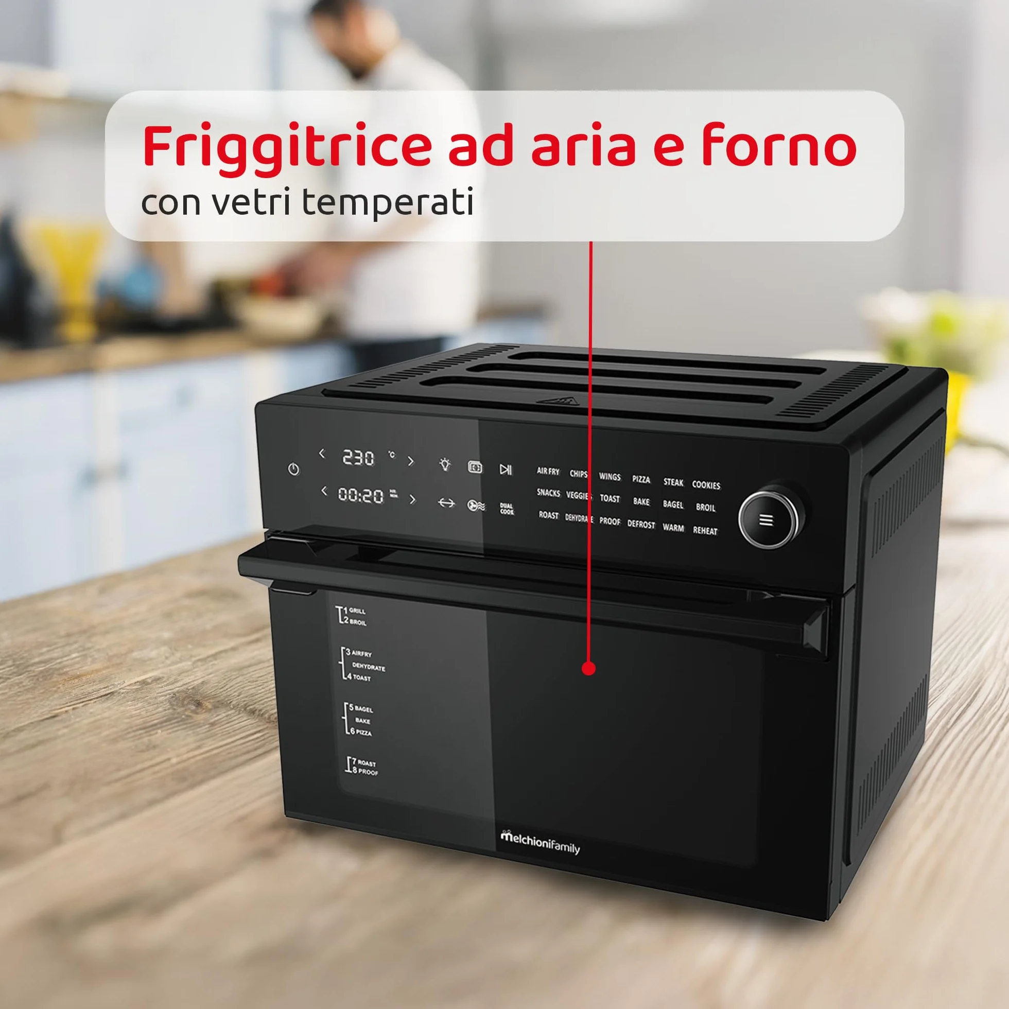 Melchioni Family BENEDETTA frytkownica powietrzna o pojemności 30 litrów, wyświetlacz cyfrowy, funkcja Dual Cook, Air Fryer z 18 programami, 30-230°, 12 h, czarny