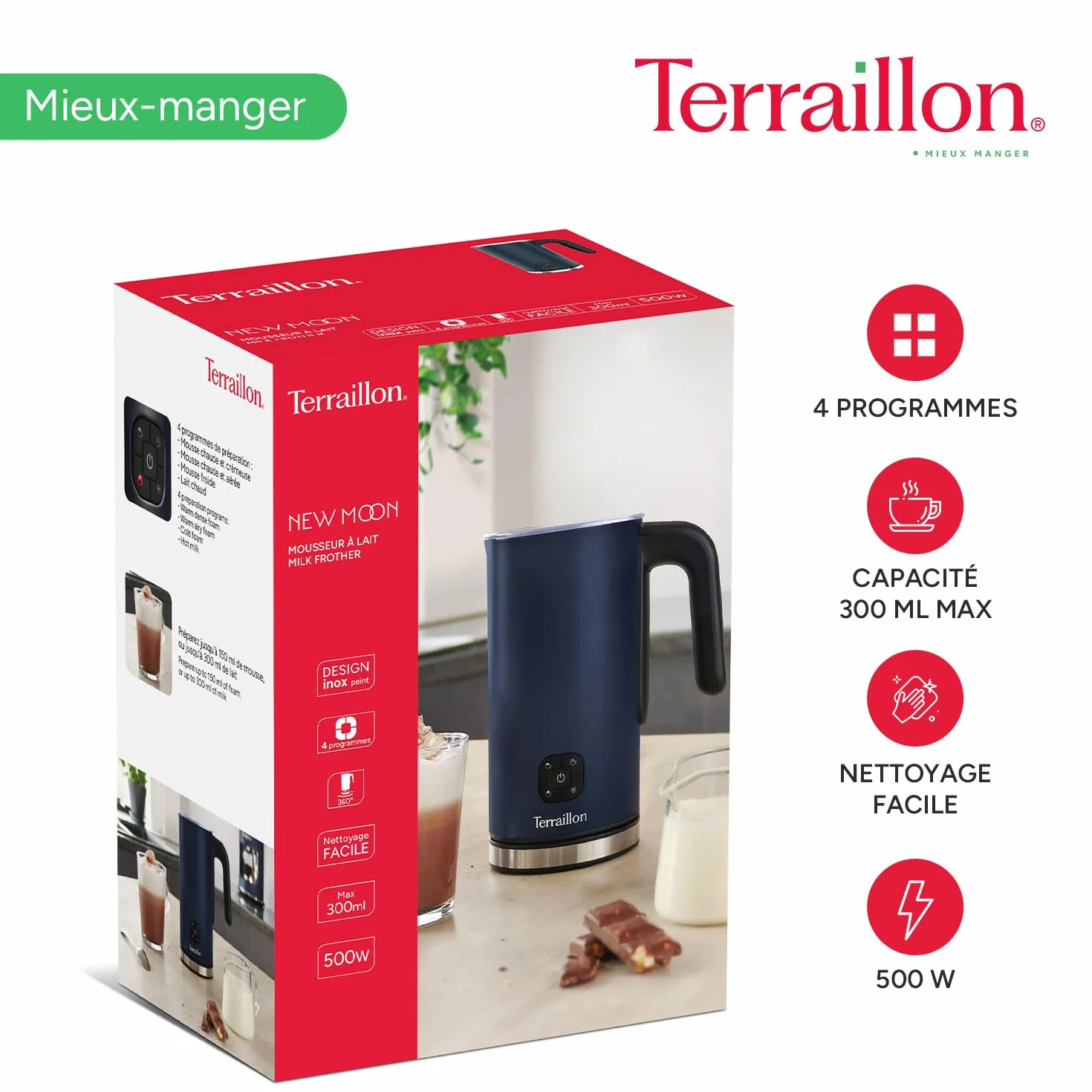TERRAILLON - NEW MOON - Elektryczny spieniacz do mleka, pojemność 300 ml, 4 funkcje, podstawa obrotowa 360°, wskaźnik świetlny, automatyczne wyłączanie, malowany korpus ze stali nierdzewnej, niebieski