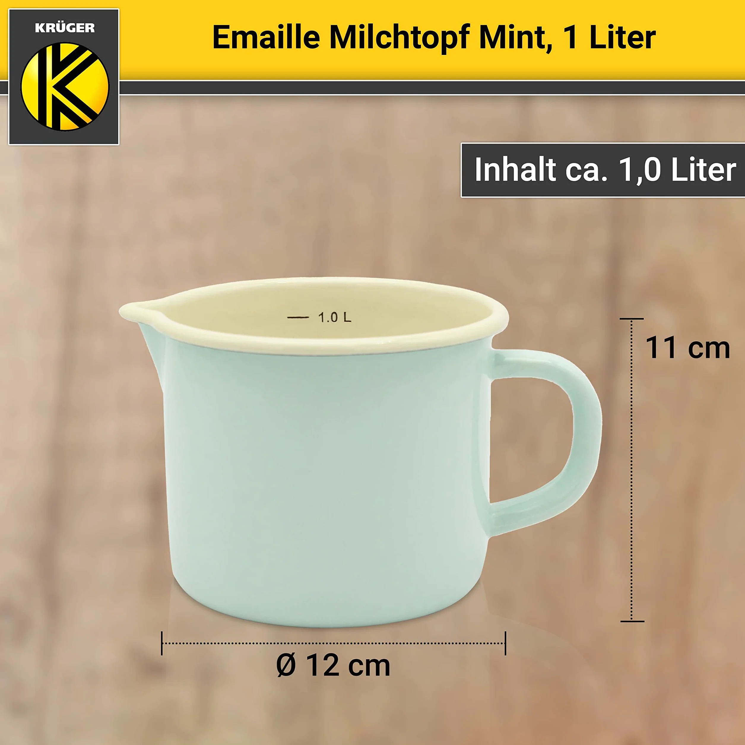 Krüger Emaliowany garnek na mleko miętowy 12 cm, 1 litr – garnek z dnem w pełni stykowym do energooszczędnego gotowania – praktyczna wylewka i skala litrów – nadaje się do mycia w zmywarce i kuchenek indukcyjnych (miętowy)