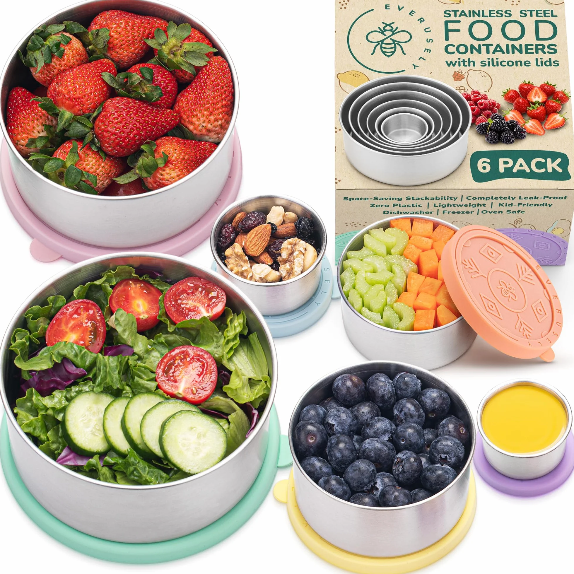 Everusely - Stainless Steel Containers with Lids - Set of 6, Bright Collection - Leakproof Stainless Steel Food Containers - Nesting Snack Holders