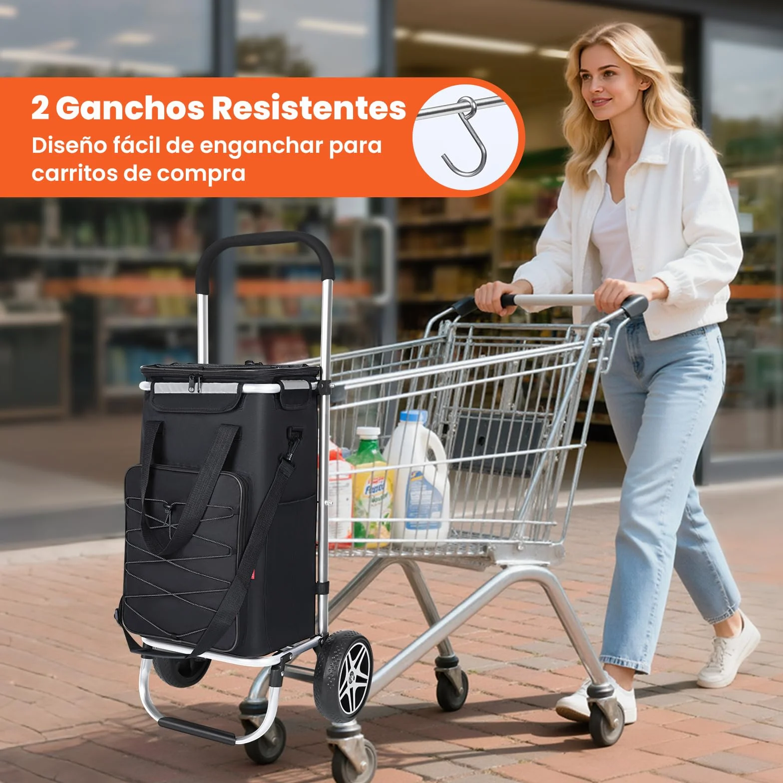 YEAUPE PRO Wózek na zakupy 3 w 1 z komorą chłodzącą, 50 l wózek na zakupy ze zdejmowaną torbą, maks. obciążenie 25 kg, w zestawie kieszenie boczne i otwieracz do butelek (czarny)