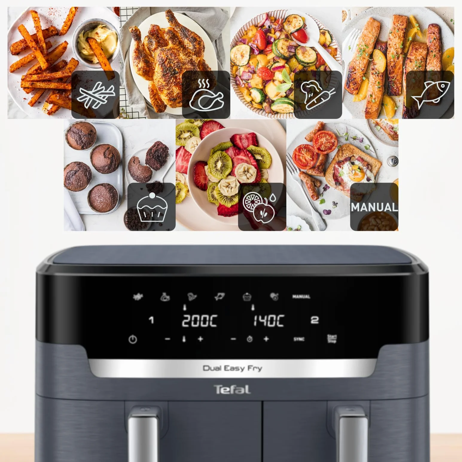 TEFAL EY942B Frytkownica beztłuszczowa Dual Easy Fry XXL dwie szuflady, pojemność 11 l, szuflada 6,5 l + szuflada 4,5 l, 99% mniej tłuszczu, 7 automatycznych ustawień gotowania, Extra Crisp, szara