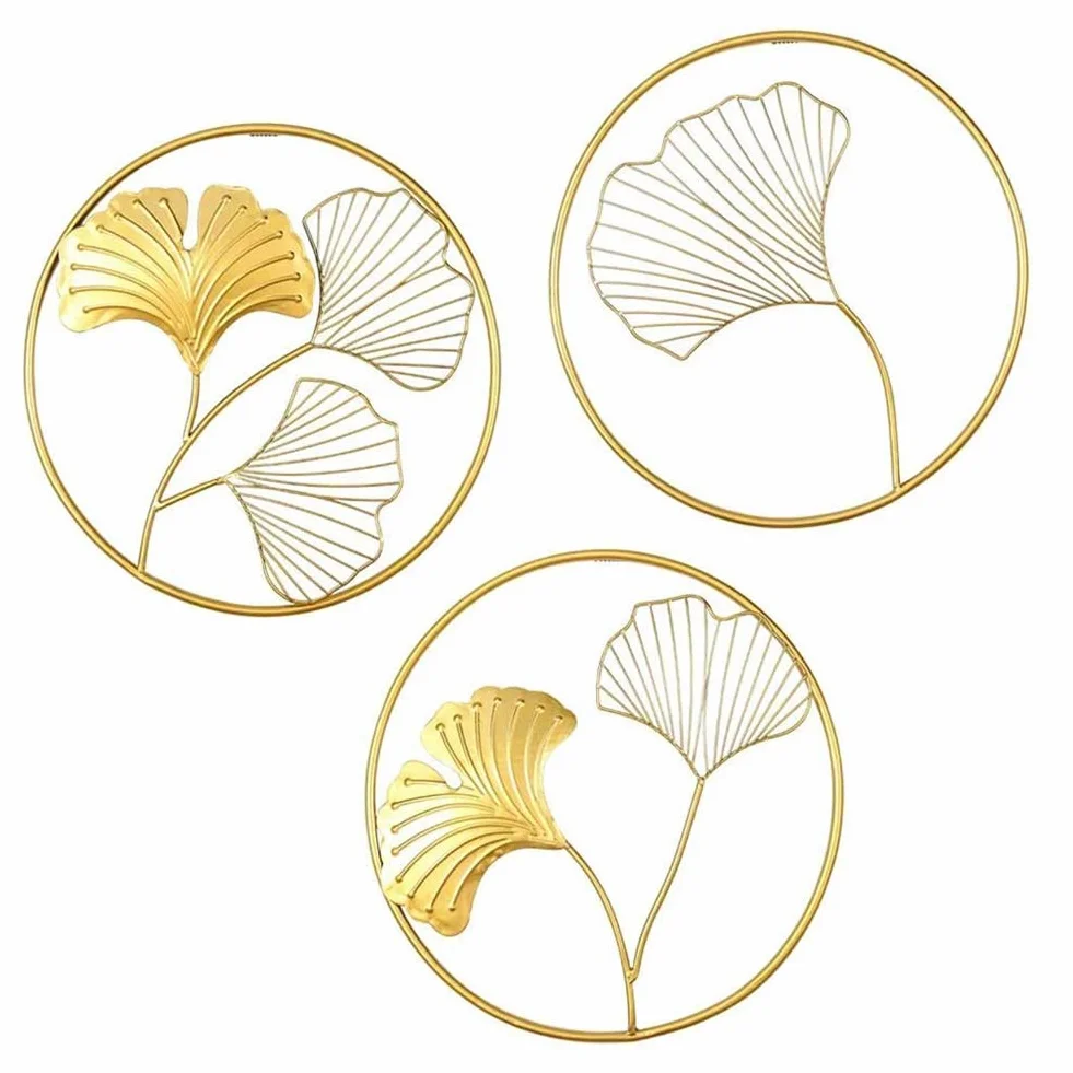 Jeden zestaw 3 sztuk Metalowy Wall Decor z okrągłym ramką, Golden Ginkgo Liście Rzeźba Artwork, Metal Wall Art Decor Dekoracje w domu