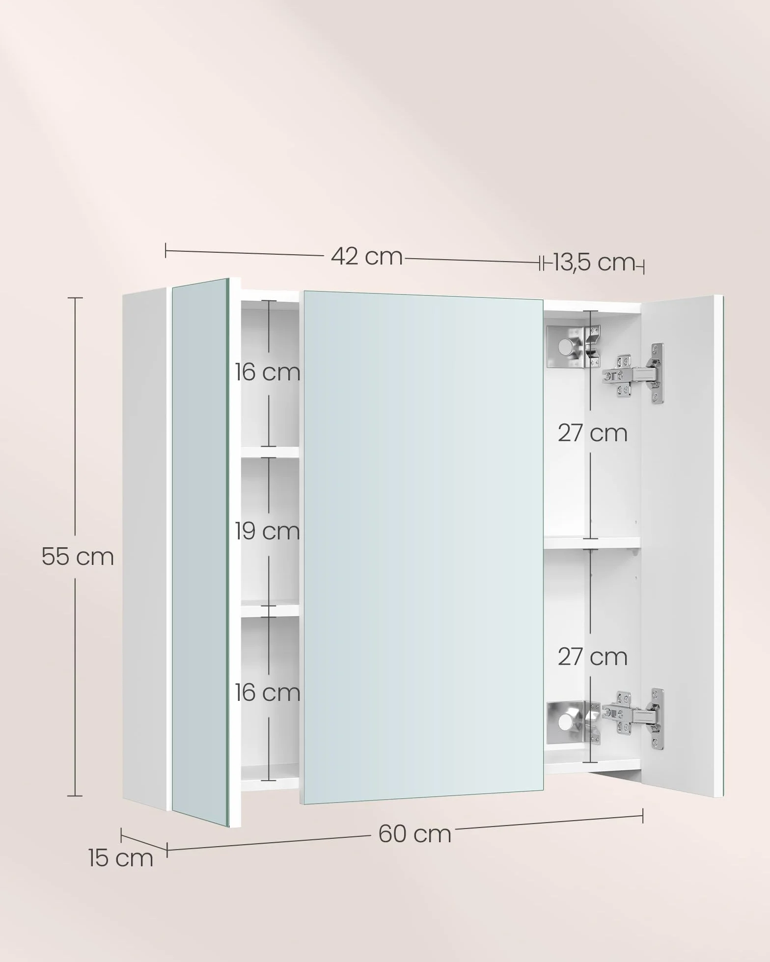 VASAGLE BBK22WT szafka ścienna, łazienka, szafka z lustrem, szafka do przechowywania 3 drzwi, 60 x 15 x 55 cm, z regulowanym regałem, nowoczesna, biała, BBK22WT