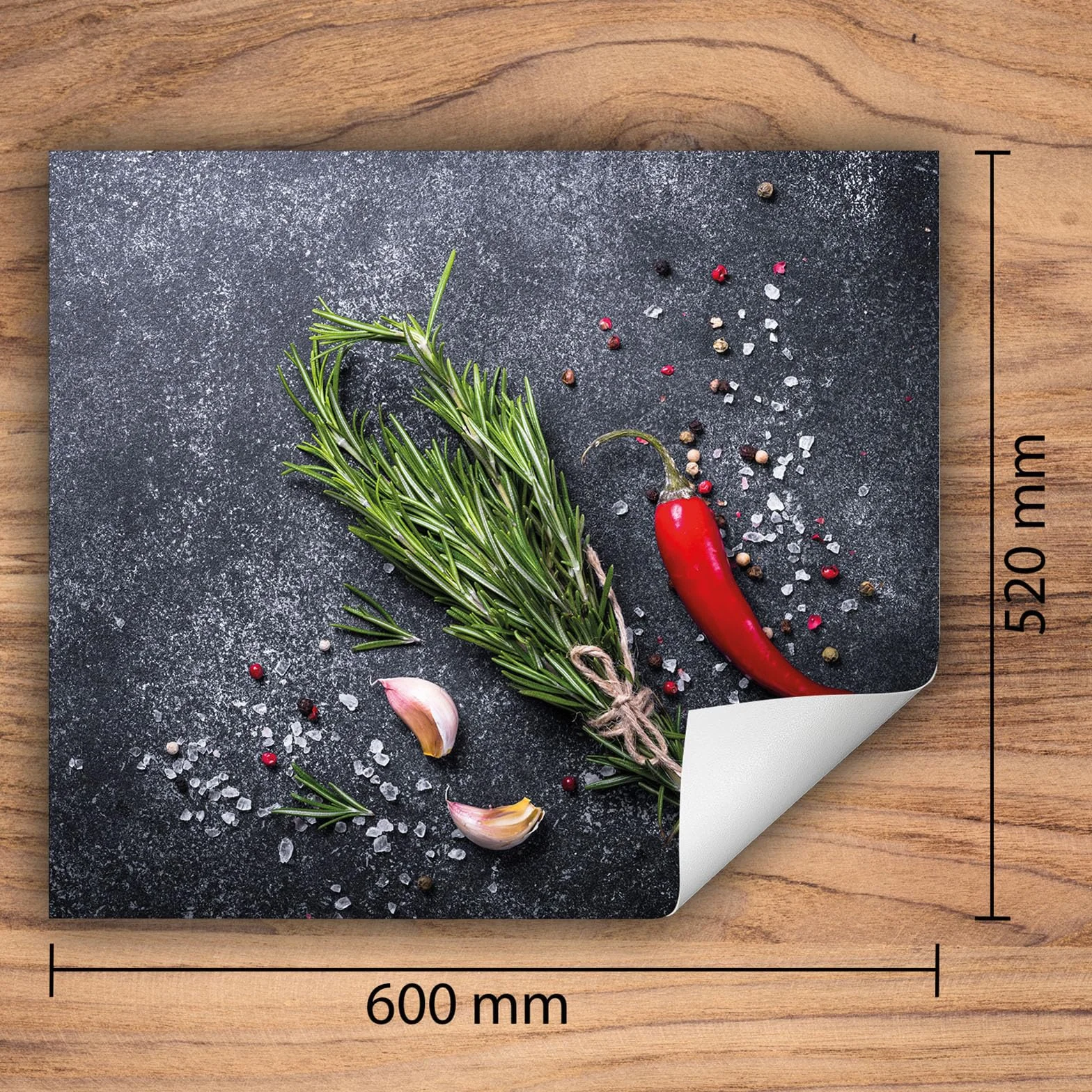 Mata ochronna na płytę indukcyjną 60x52 cm - Mata winylowa zwijana na blat - Mata dekoracyjna na kuchenkę - łupek - chili - przyprawy