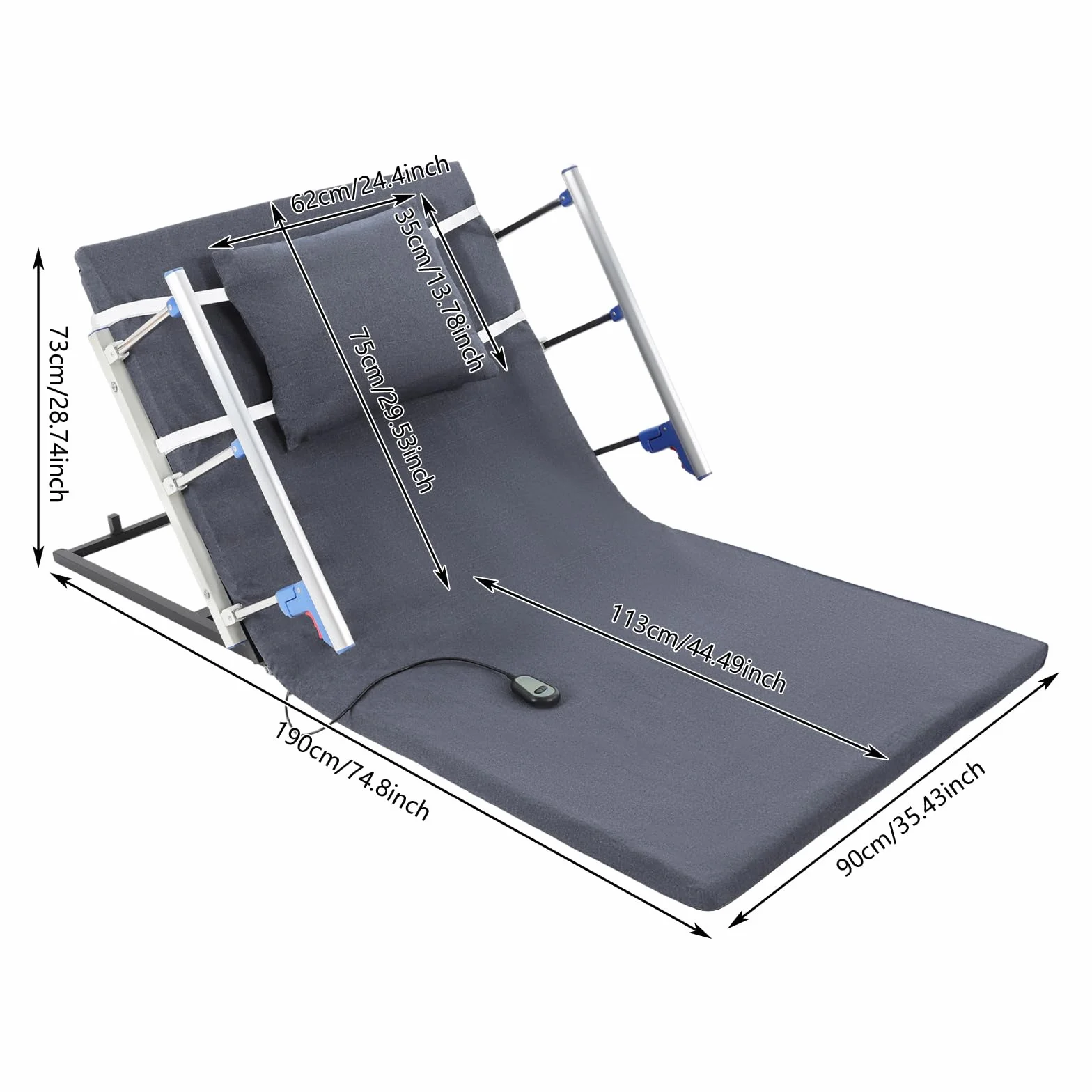 Elektryczne oparcie regulowane 2°-80°, zdalne sterowanie, składane poręcze, 190 x 90 x 73 cm, elektryczna rama łóżka, podparcie pleców, ergonomiczne oparcie łóżka do 150 kg (szare, 190 x 90 x 73 cm)