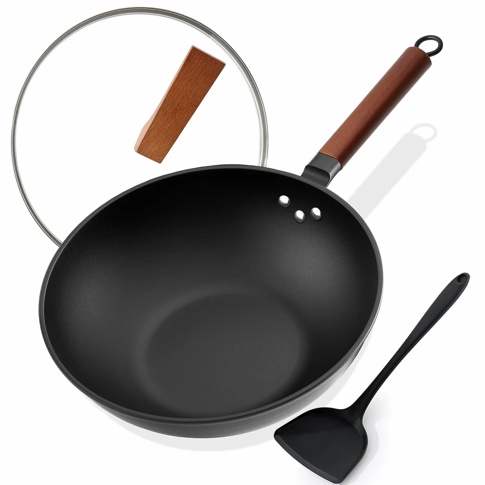 Kordisen Non-Stick Wok 33 cm/5,6 L z Pokrywką, Bez Powłoki Chemicznej, Wstępnie Przyprawiony Wok, Odpowiedni do Indukcji/Elektryczności/Gazu
