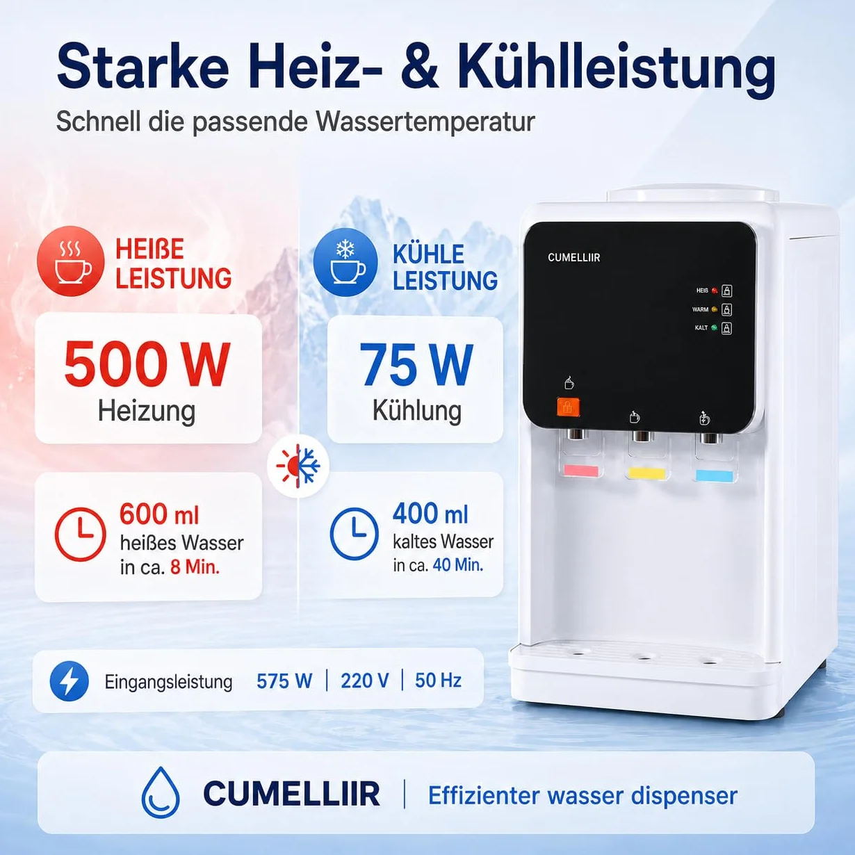 Elektryczny dozownik wody z chłodzeniem, automatyczny dozownik wody 500 W + 75 W, chłodzenie 15°C, temperatura ogrzewania 90°C, dozownik zimnej wody, do biura, domu