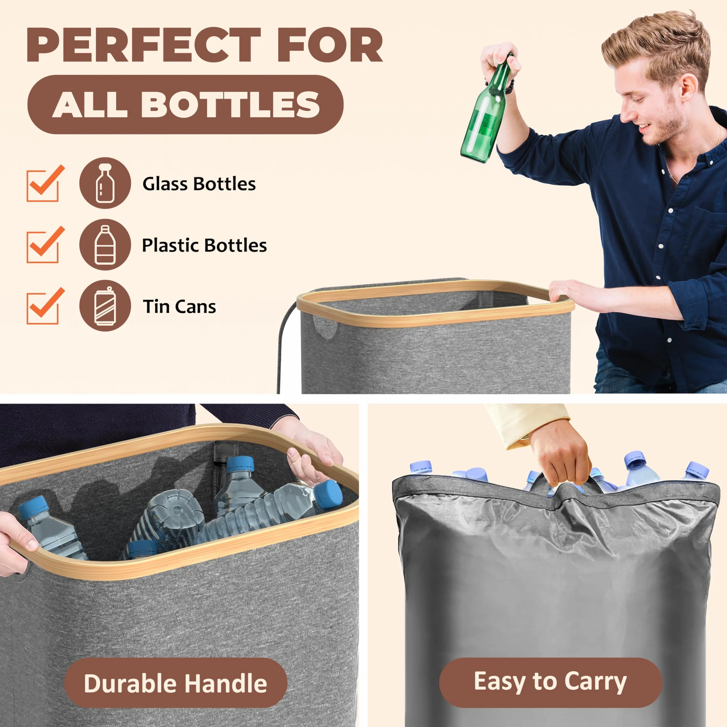 Returnable Bottle Container 100L Grå – Bottle Collector with 2 Transport Bags – Deposit Bottle Container Drop Hole – Bamboo Foldable
