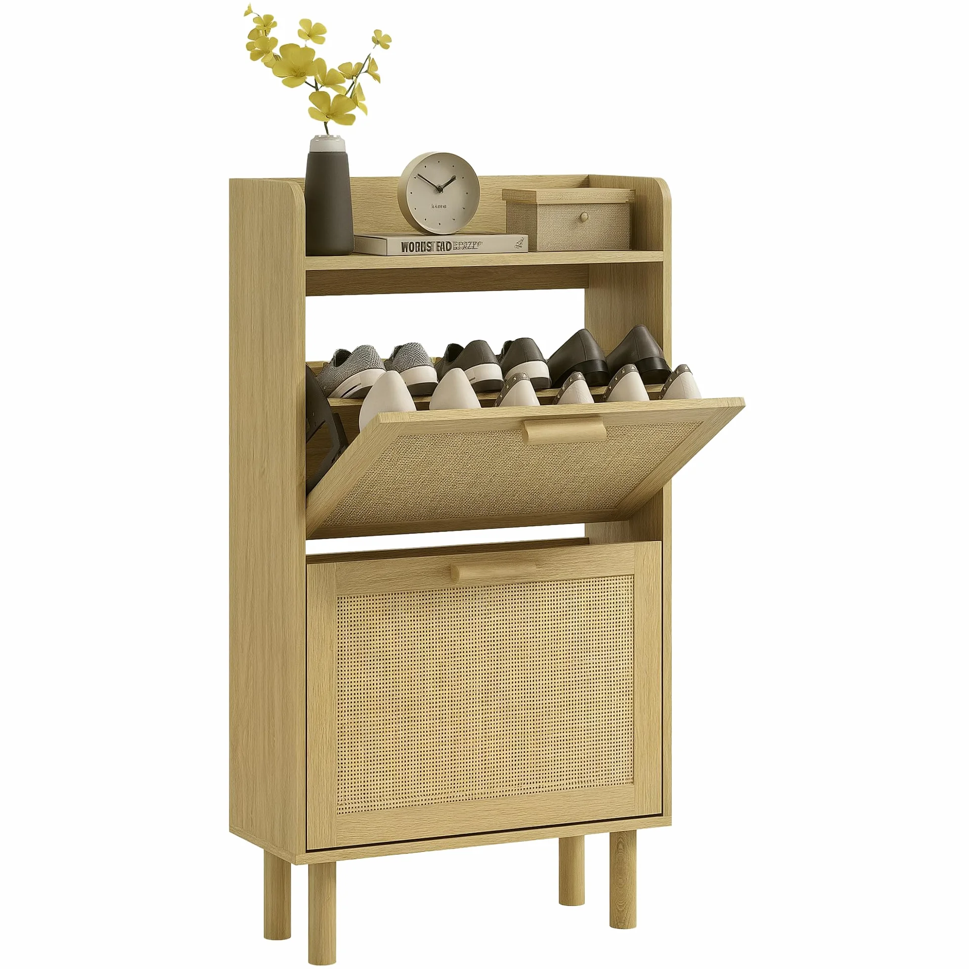 HOMCOM Szafka na buty, półka na buty, 2 drzwi opuszczane, 12 par, efekt plecionej żywicy boho design - niedz. 80 l x 24,5 l x 110H cm dąb