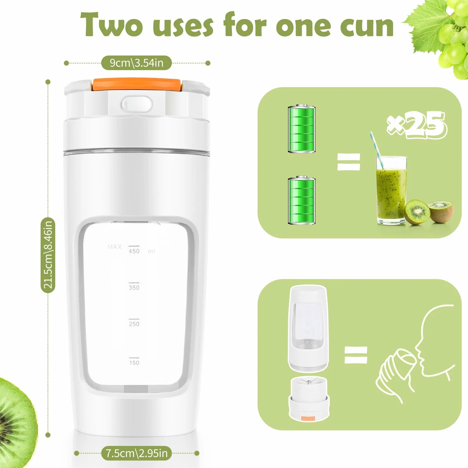 Lekki Przenośny Blender, ręczny mikser do owoców o pojemności 600 ml, mocny bezprzewodowy mini blender, z możliwością ładowania, smoothie, koktajle białkowe, kruszy lód i mrożone owoce (Biały)
