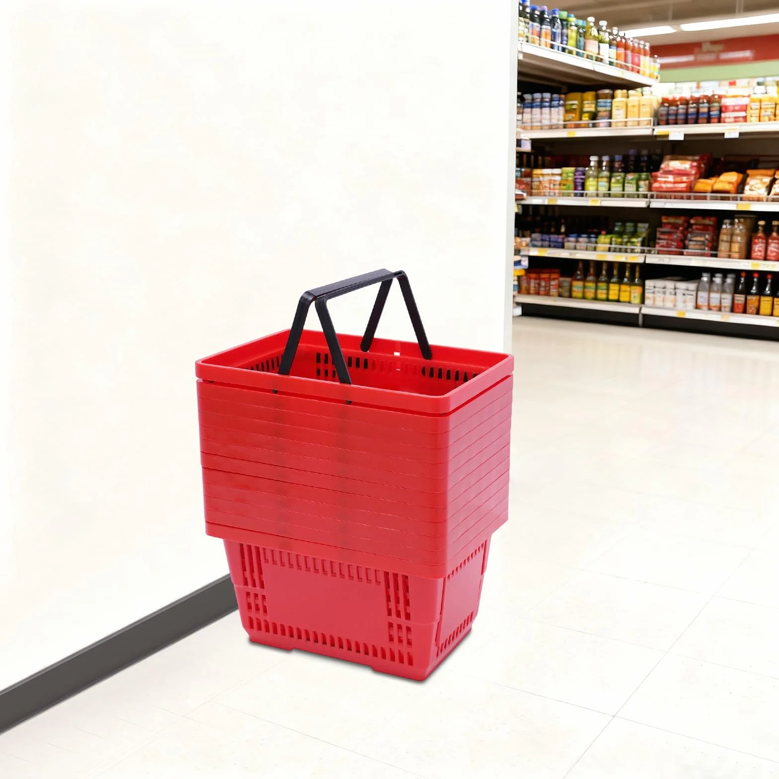 Plastikowy koszyk na zakupy czerwony z uchwytem do noszenia, zestaw 12 sztuk, 18 l | Koszyk na zakupy z możliwością układania w stos, przenośny kosz z tworzywa sztucznego z uchwytem, do 10 kg, czerwony