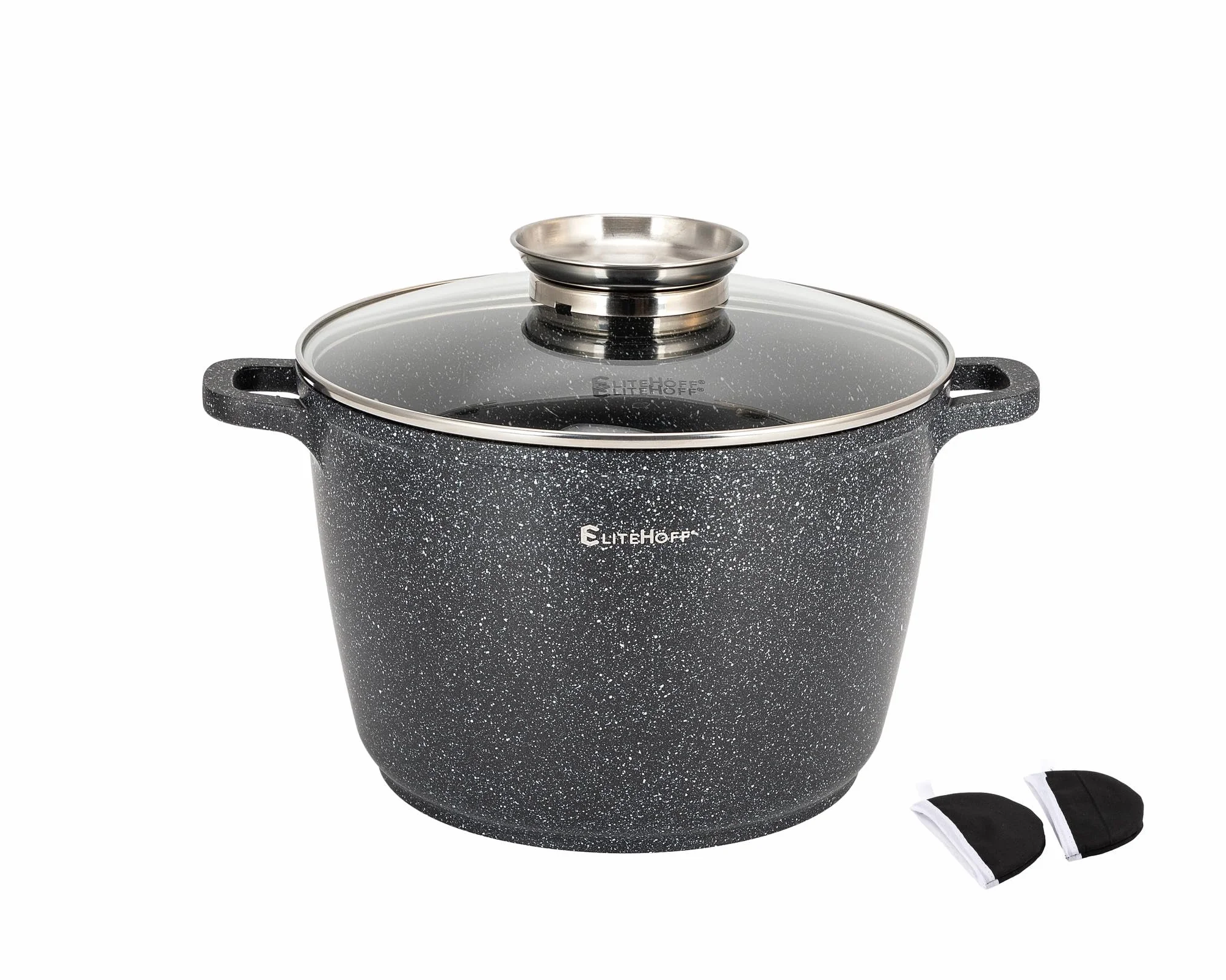 EliteHoff Garnek Marmurowy z Pokrywką, Nieprzywierający Garnek Aluminiowy do Zupy, Indukcyjny, na Wszystkie Rodzaje Kuchenek (Czarny, 6,5L Ø 24 cm)