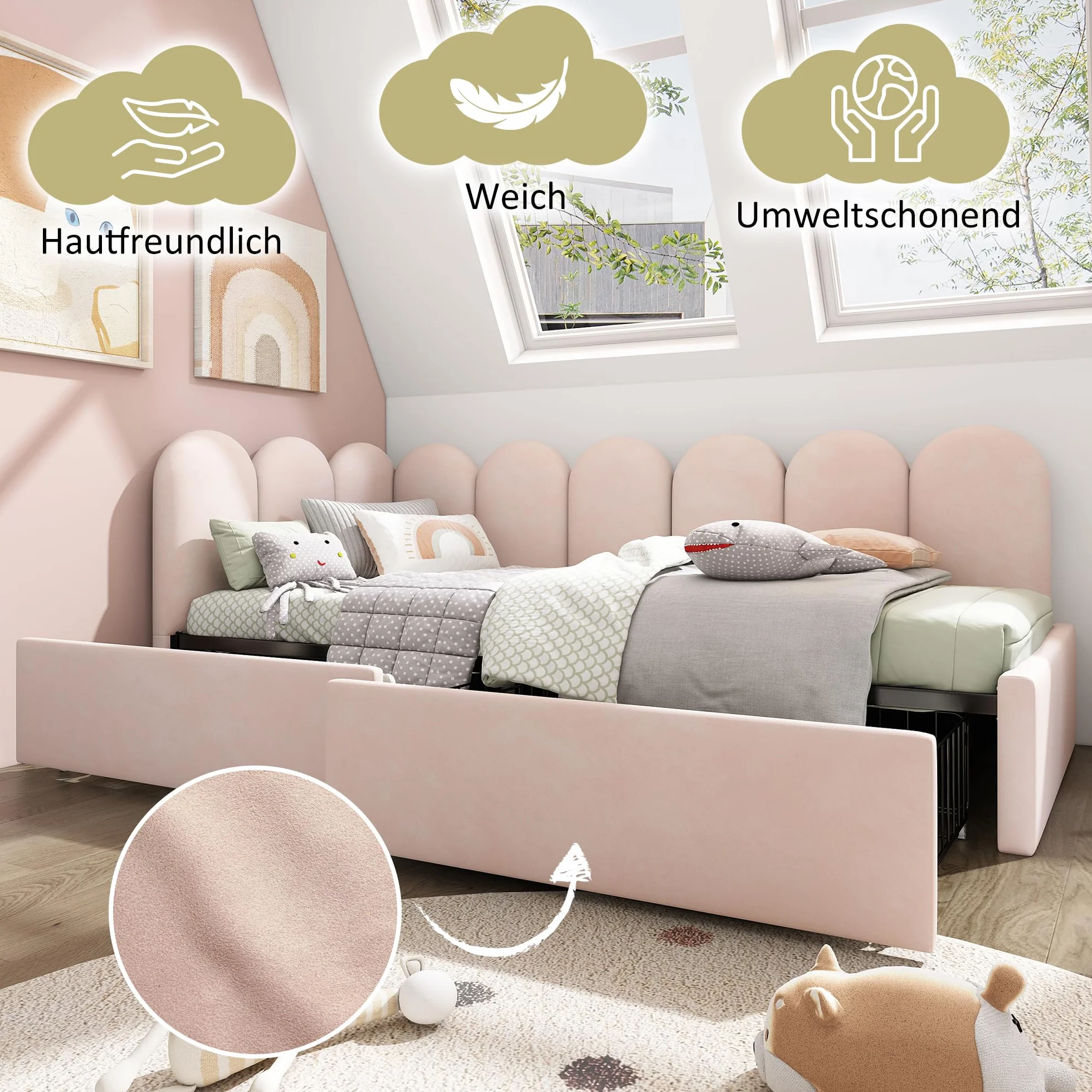 Dolamaní cm mała sofa z funkcją spania, 90 x 200 cm, łóżko dzienne dla 1 osoby, łóżko różowe dla młodzieży i dziewcząt, łóżko tapicerowane, aksamitne z 2 szufladami do przechowywania, łóżko
