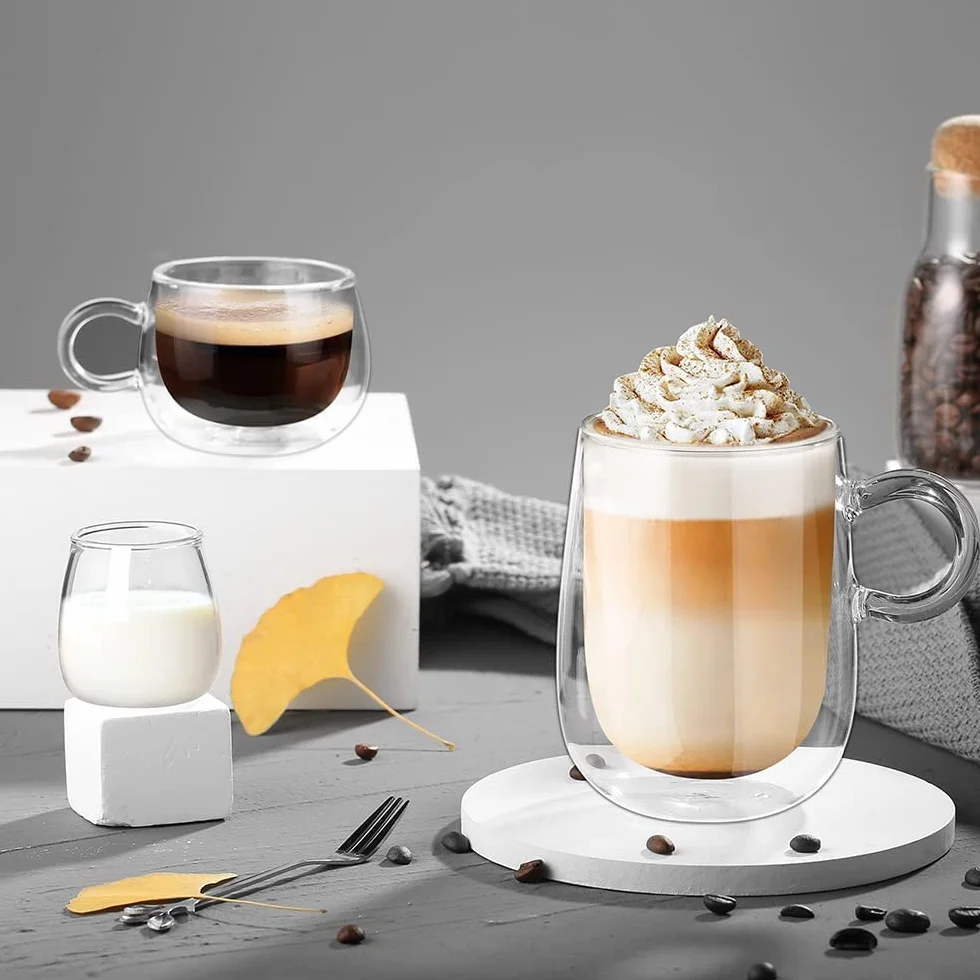 glastal Filiżanki do espresso, dwuścienne szklanki do espresso, zestaw 2 sztuk, 120 ml, szkło borokrzemowe, filiżanki do kawy, szklanki do herbaty, zestaw z uchem, do macchiato, latte, herbaty, lodu, mleka