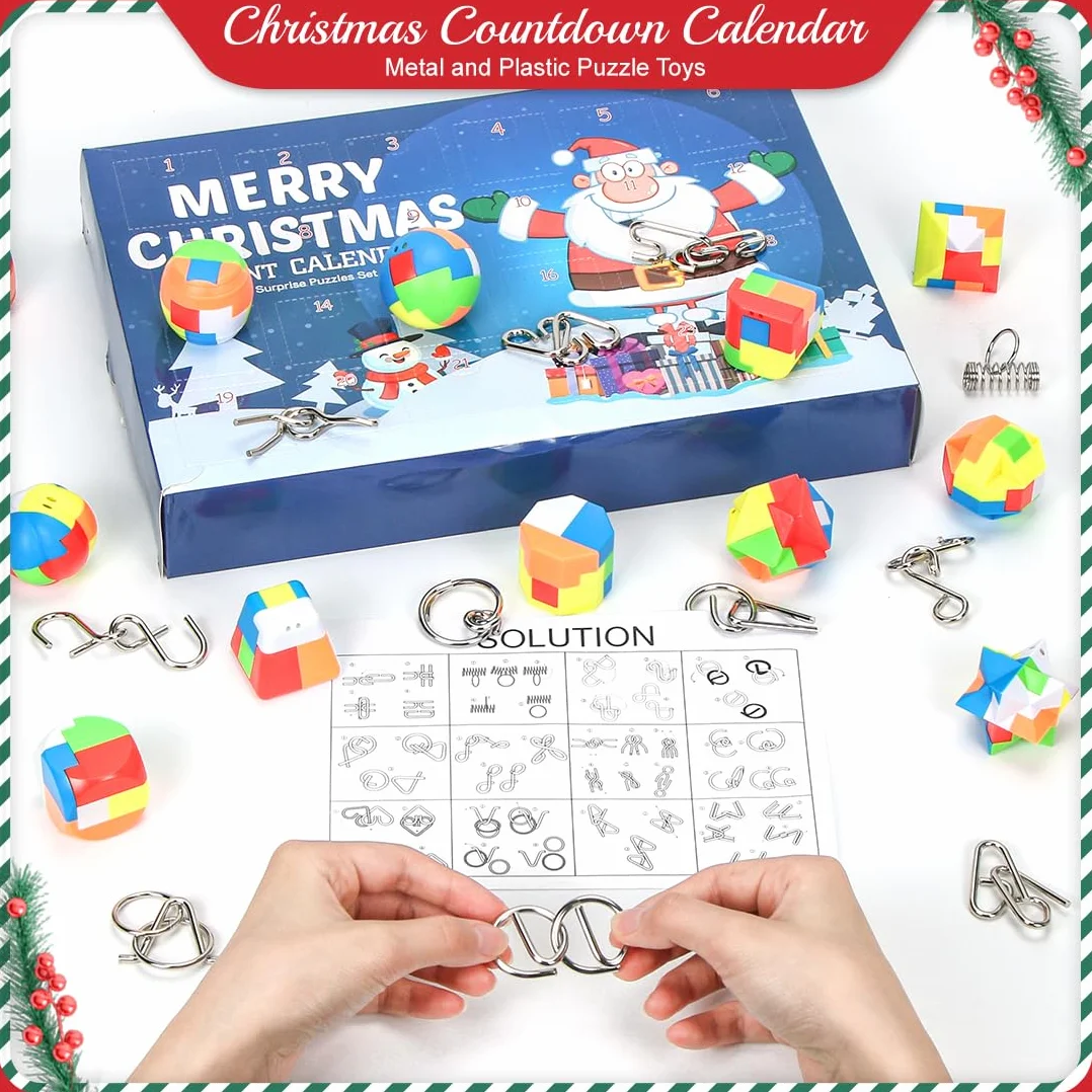 Kalendarz adwentowy 2025, gry w puzzle, kalendarz adwentowy dla dzieci, kalendarz bożonarodzeniowy z 24 sztukami plastikowych, metalowych puzzli, metalowe nici, puzzle plastikowe, gry zręcznościowe