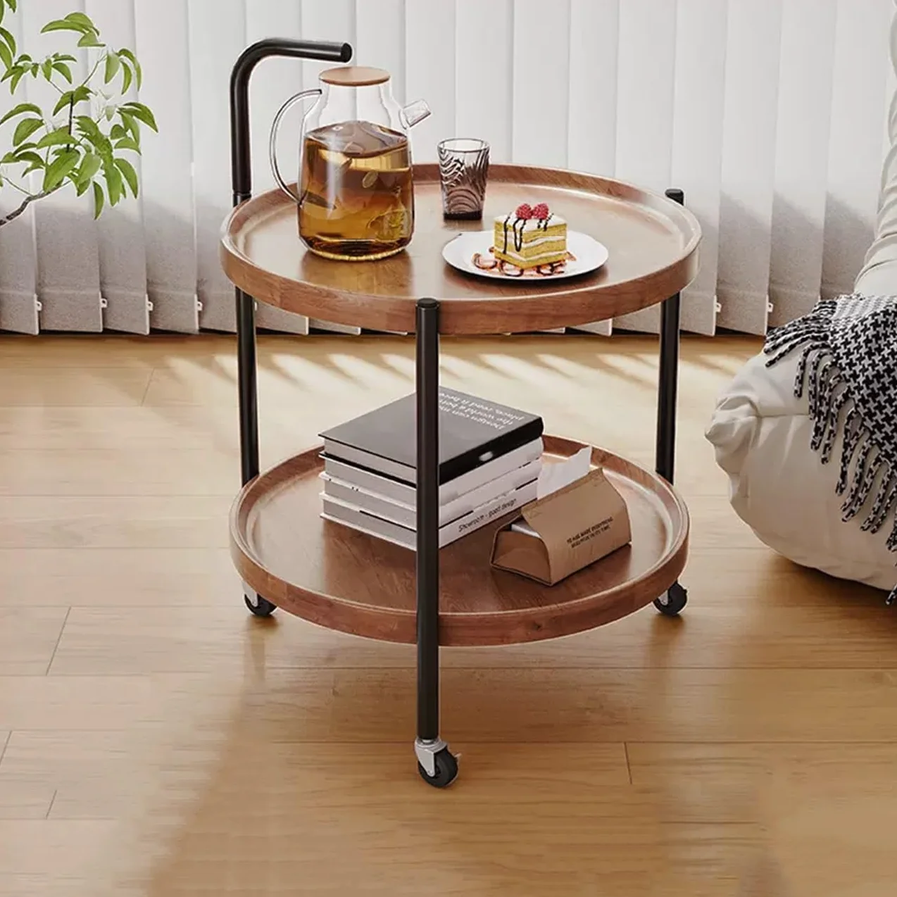 Okrągły stolik kawowy z kółkami – 2-poziomowy wózek do salonu i kuchni – wszechstronna brązowa sofa / stolik nocny (60 cm) – nowoczesne meble domowe