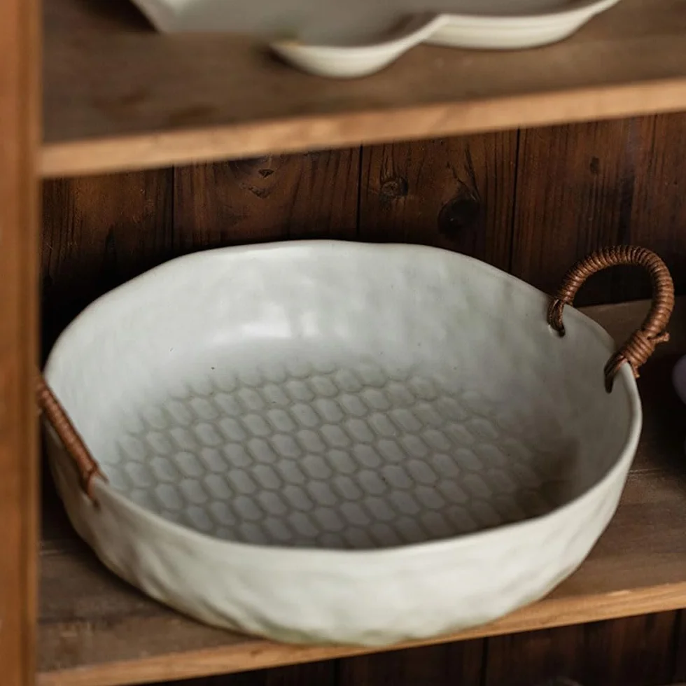 Kosz owoców Ceramiczna miska na owoce z uchwytami rattanu, o strukturze plastra miodu, dekoracyjna do serwowania w kuchni i jadalni Stojak na warzywa w koszyku owoców(Biały,Duży)