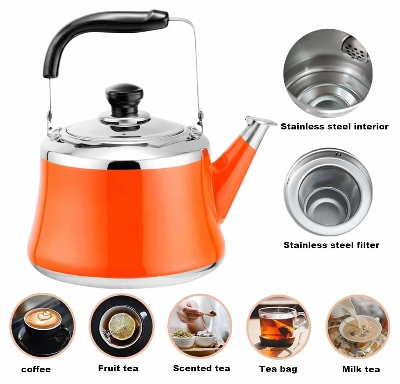 Mały czajnik do herbaty z zaparzaczem, uroczy dzbanek gwizdkiem, ze stali nierdzewnej 304(Orange,2L)