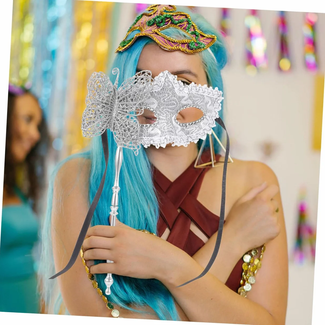 Holibanna 2 Szt. Złoto-srebrnych Ręcznie Wykonanych Masek Weneckich z Motywem Smoka Patyku Maski Przyjęcia Maskaradowe i Cosplay dla Par Unikalny Design Do Występów i Imprez