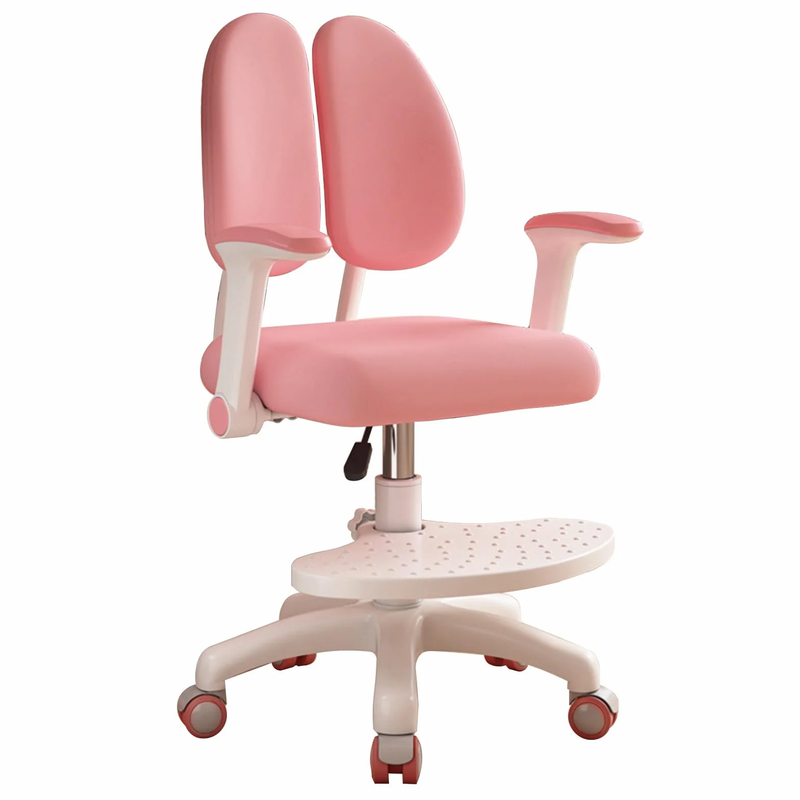 Fotel biurkowy dla dzieci z kółkami i podłokietnikiem, z regulacją wysokości, obracany o 360°, ergonomiczny, do nauki dla dzieci z podparciem lędźwiowym, różowy